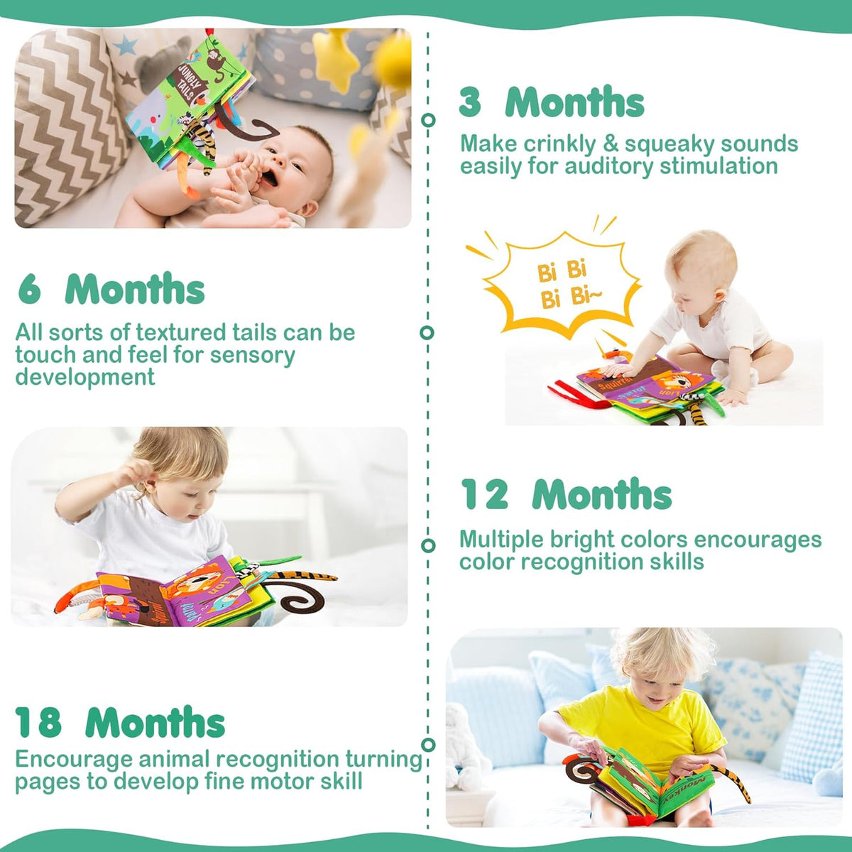 beiens Baby Books Toys, Touch and Feel Crinkle Cloth Book for Infant Baby 0-3-6-12-18 Months, Early Development Interactive Stroller Soft Toys, Newborn Gifts for Boys Girls