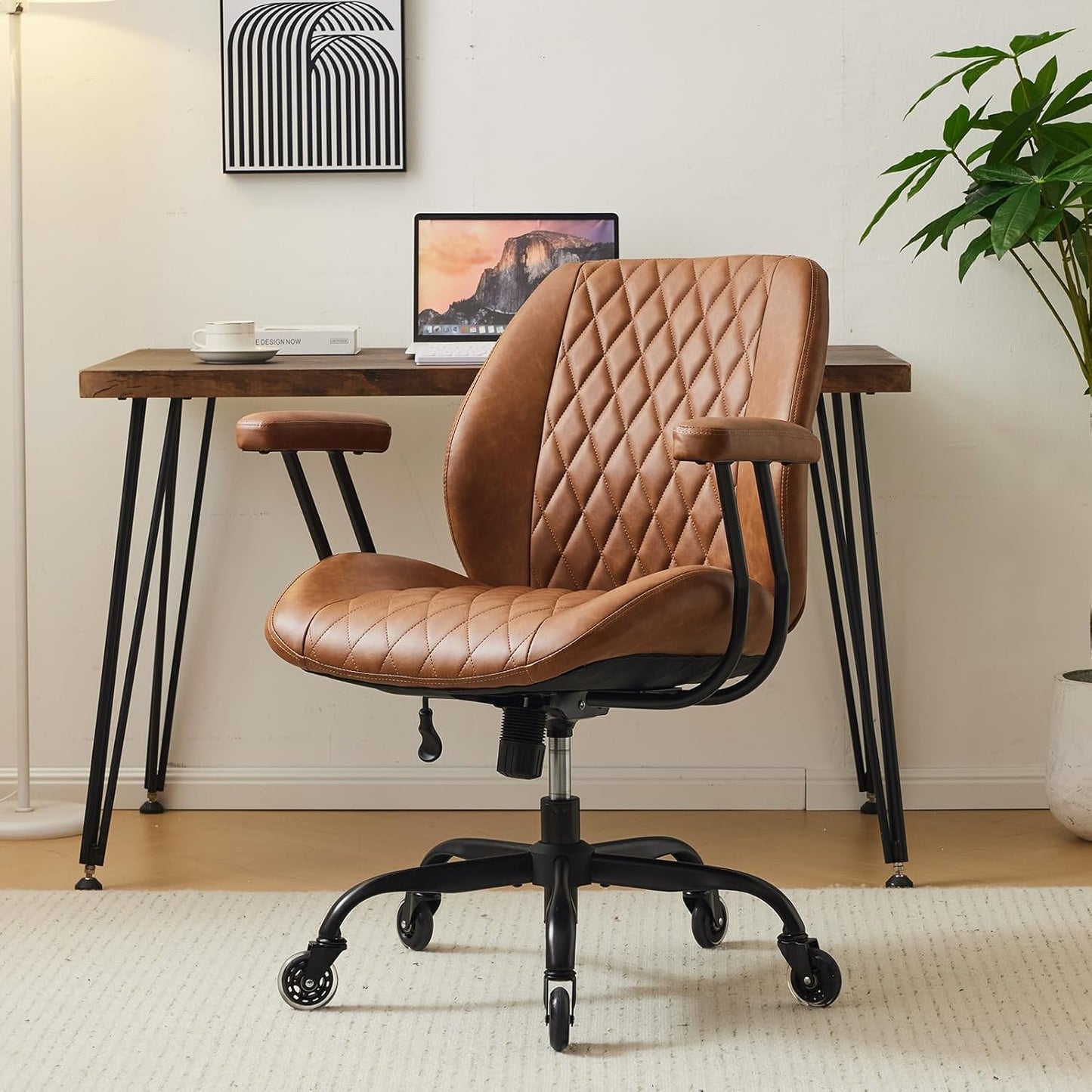 YFO Home Office Desk Chair Office Rubber Casters Ergonomic Computer Chair with Lumbar Support Adjustable Height Rolling Swivel Executive Task Armrests Chair๏ผ Brown Leather