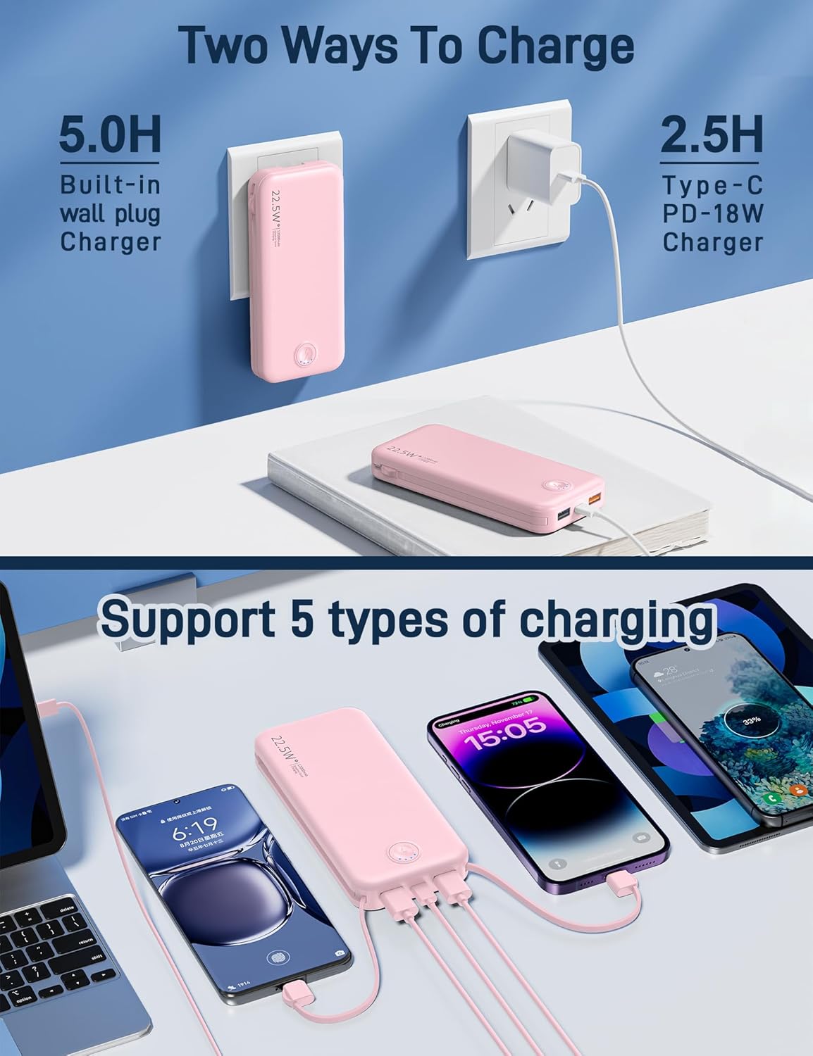 Portable Charger, 12000mAh 22.5W Fast Charging Power Bank with Built-in Cables & Wall Plug, Travel Essentials External Battery Pack, USB C Battery Phone Charger for iPhone, iPad, Samsung Pink