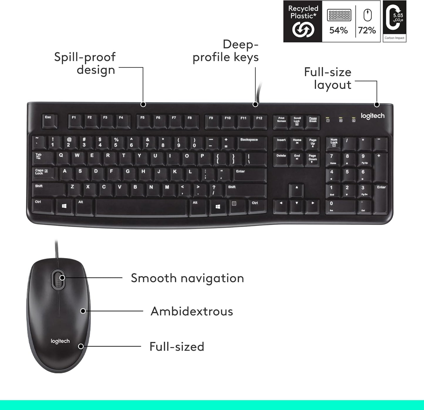 Logitech MK120 Wired Keyboard and Mouse Combo for Windows, Optical Wired Mouse, Full-Size, USB, Compatible with PC, Laptop - Black