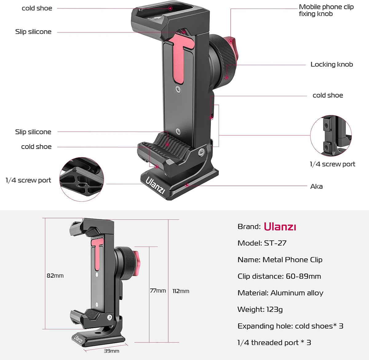 Metal Phone Tripod Mount 3 Cold Shoes & Arca Port, 360° Smartphone Tripod Adapter for iPhone 17 16 15 Cell Phone Stand Holder for Desktop Video Live Streaming Vlogging Rig