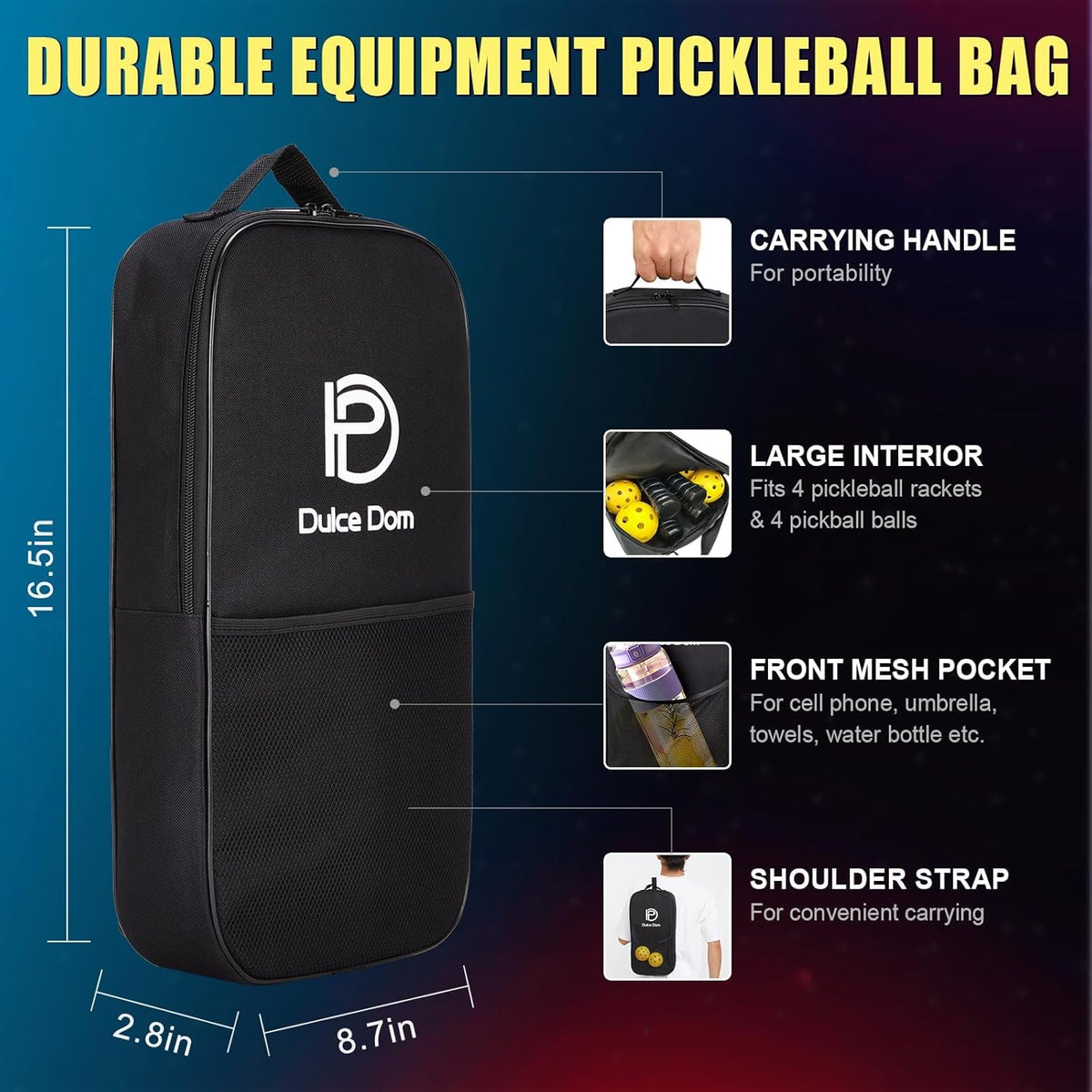 Dulce DOM Pickleball Paddles Set of 2/4 - USAPA Approved, 4 Indoor Outdoor Pickleball Balls, Fiberglass Surface Paddle Racket with Cover Bag, Ideal Training Equipment Gift for Men & Women