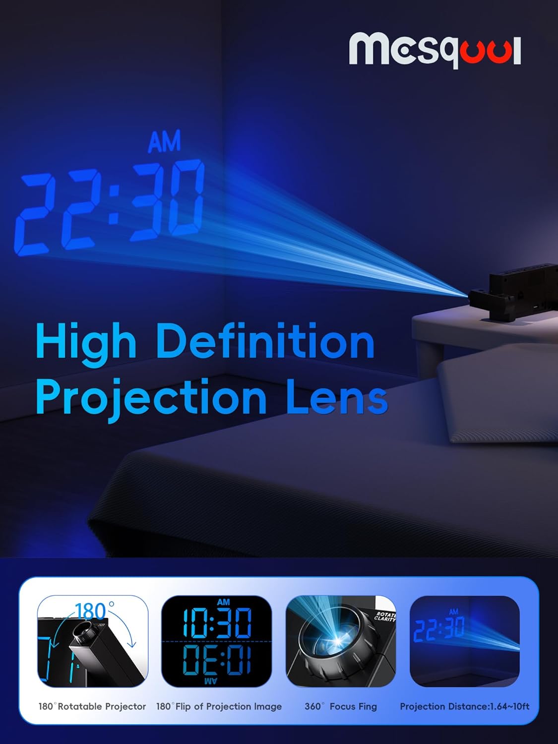Digital Projection Alarm Clocks for Bedrooms - Large LED Display, 180Β° Rotatable Projector, 5-Level Dimmer,USB Charger,Battery Backup,Loud Dual Alarms for Kids Elderly,Heavy Sleepers,Snooze,12/24H,DST