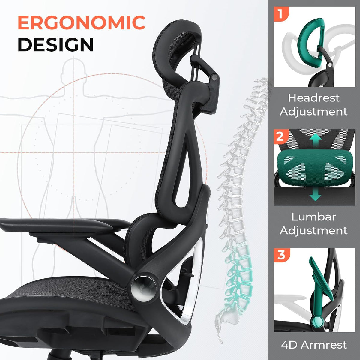 CAPOT Ergonomic Mesh Office Chair, Adjustable Lumbar High Back Desk Chair 400lbs, 4D Flip-up Arms, 3 Tilt Backrest, 3D Headrest, PU Wheels, Swivel Rolling Computer Chair for Long Desk Work - Black
