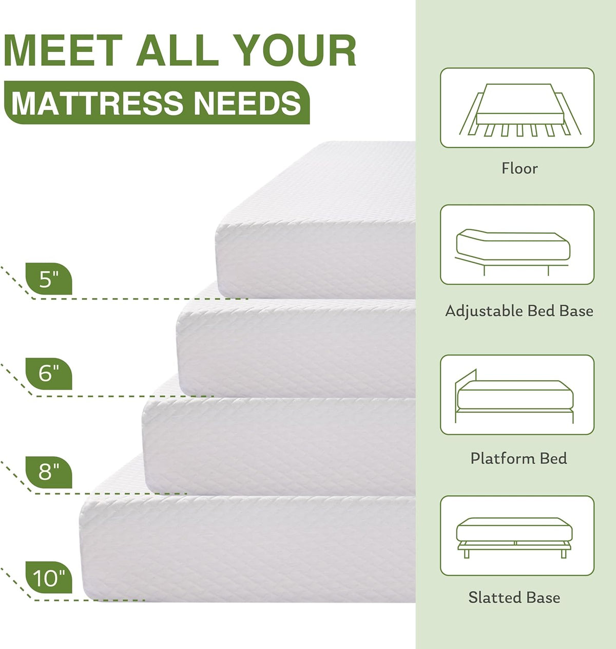 EGOHOME 10 Inch Queen Mattress, Memory Foam Mattress in a Box with Cooling Green Tea Gel, Relieve Pressure with Medium Support, CertiPUR-US Certified, 80''L x 60''W, White