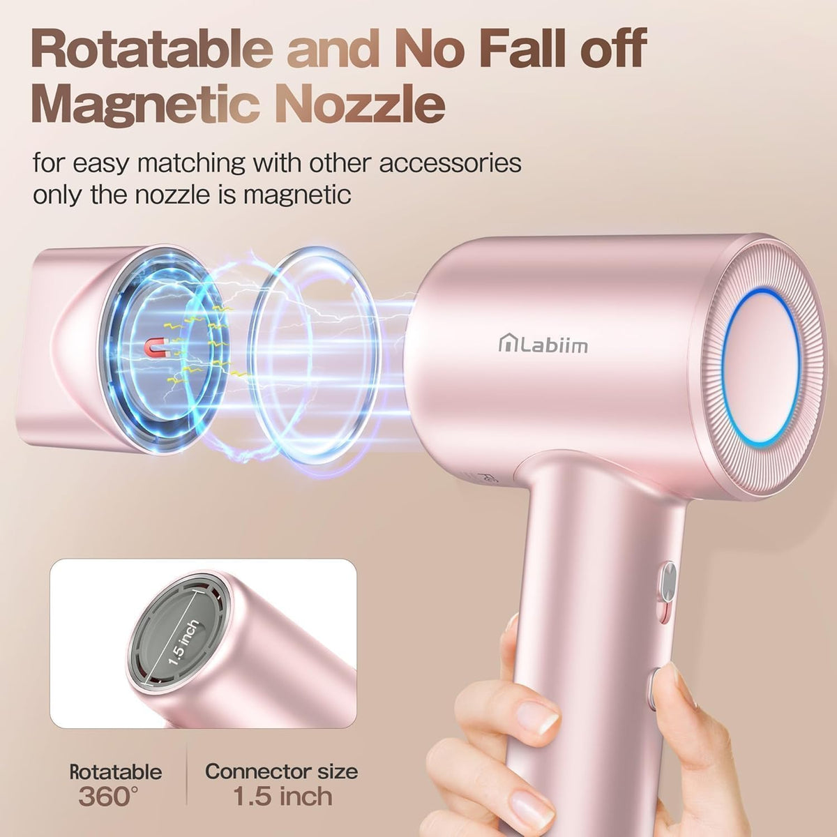 Hair Dryer, High-Speed Ionic Low Noise Blow Dryer with Brushless Motor for Fast Drying, Thermo-Control Quiet Compact Hair Blow Dryer, Hairdryer with 1 Nozzle Attachments for Home Salon Travel