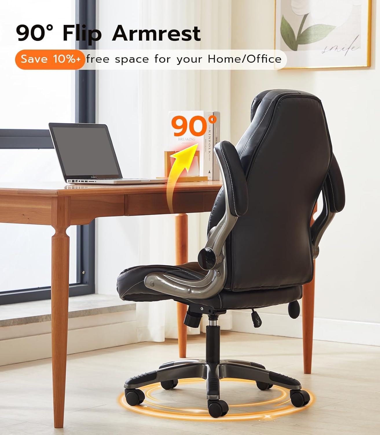 Office Desk Chair, Ergonomic Computer Chair with Padded Flip-Up Arms and Adjustable Lumbar Support, PU Leather Executive Chair with Tilt Lock and 360° Swivel Rolling Wheels for Work, Study