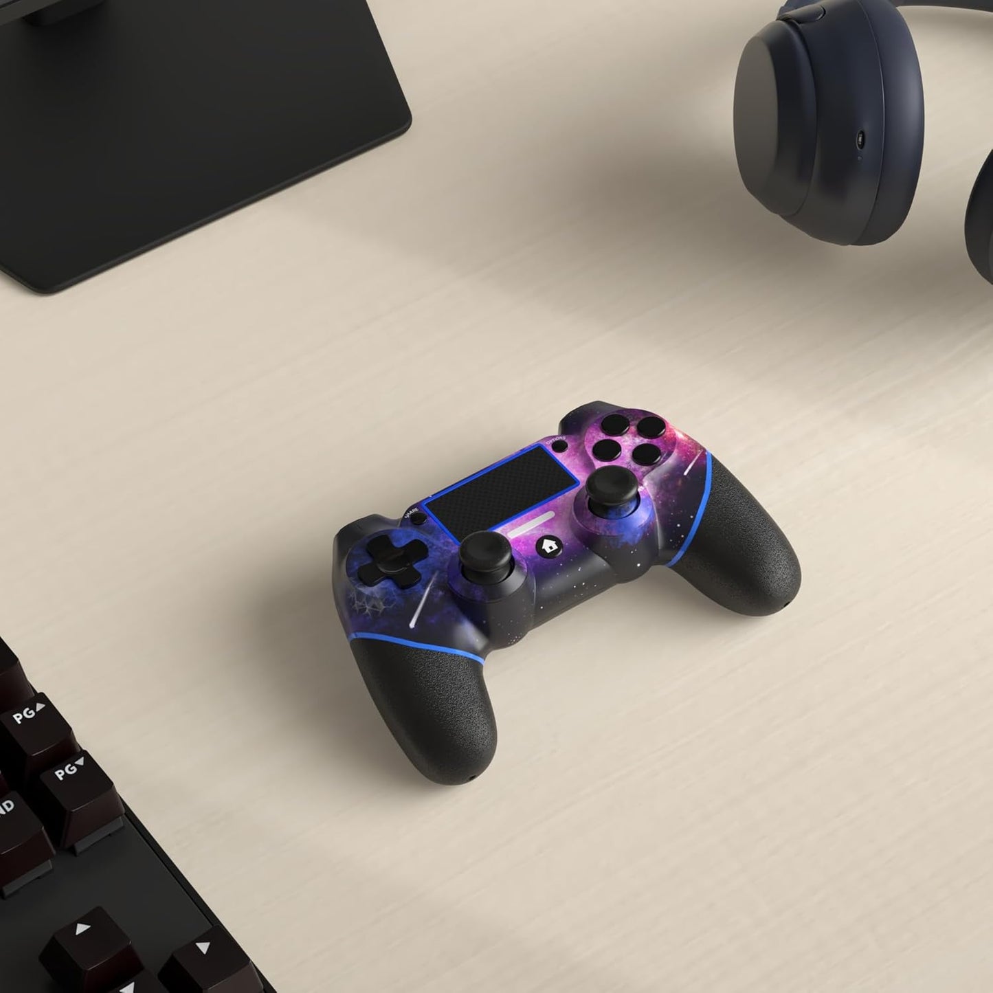AceGamer Wireless Controller for PS4 – Custom V2 Gamepad with Non-Slip Grip, 3.5mm Audio Jack & Thumb Caps (Galaxy Design)