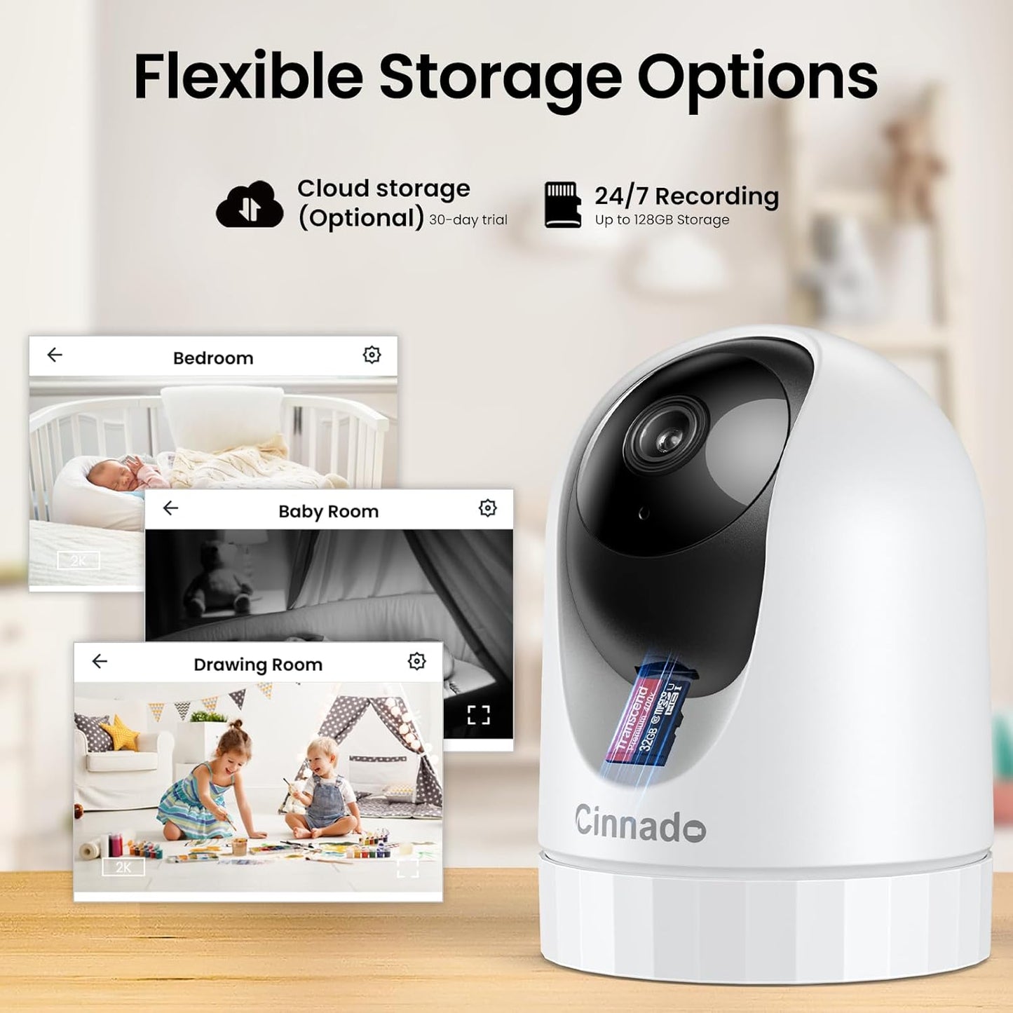 Cinnado Security Camera Indoor-2K 360° WiFi Cameras for Home Security,Pet/Dog/Baby Camera with Phone app, 2-Way Audio, Night Vision, 24/7 SD Card Storage, Works with Alexa & Google Home (2.4Ghz)-D1