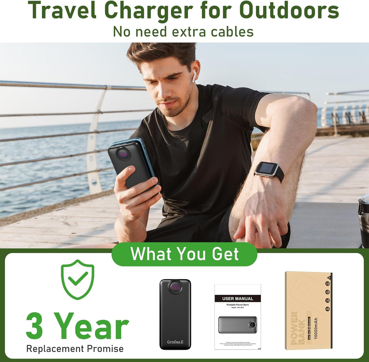 Power Bank,10000mAh 22.5W Max Portable Charger Built in Cables,4 Outputs 2 Inputs External Phone Powerbank,5V/3A Fast Charging Travel Charger for iPhone Android iPad,(Pearl Black)
