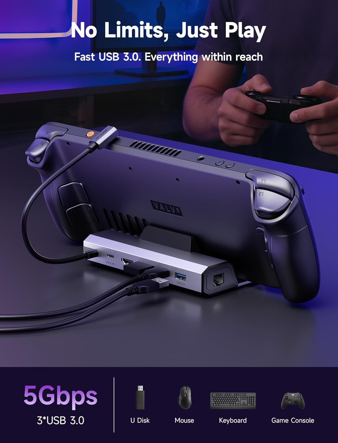 JSAUX Upgraded Docking Station 4K@120Hz for Steam Deck OLED/ROG Ally X/Legion Go (S)/MSi Claw, 6-in-1 Steam Deck Dock with HDMI 2.1, Gigabit Ethernet, 3 USB 3.0, 100W Charge for Steam Deck LCD-HB0603