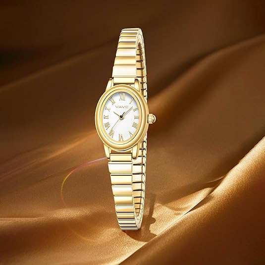 VAVC Small Gold Watch for Women – Stainless Steel Stretch Band, Roman Dial, Water Resistant