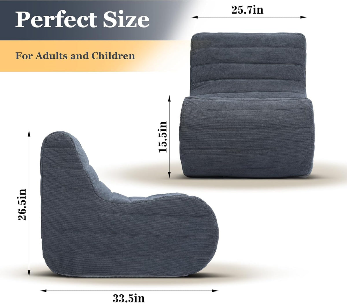 Bean Bag Chair, Fireside Bean Bags Lazy Sofa Sack, Big Beanbag Chair Floor Couch, Memory Foam Lounge Chair for Bedroom, Living Room, Office and Home (Gray)