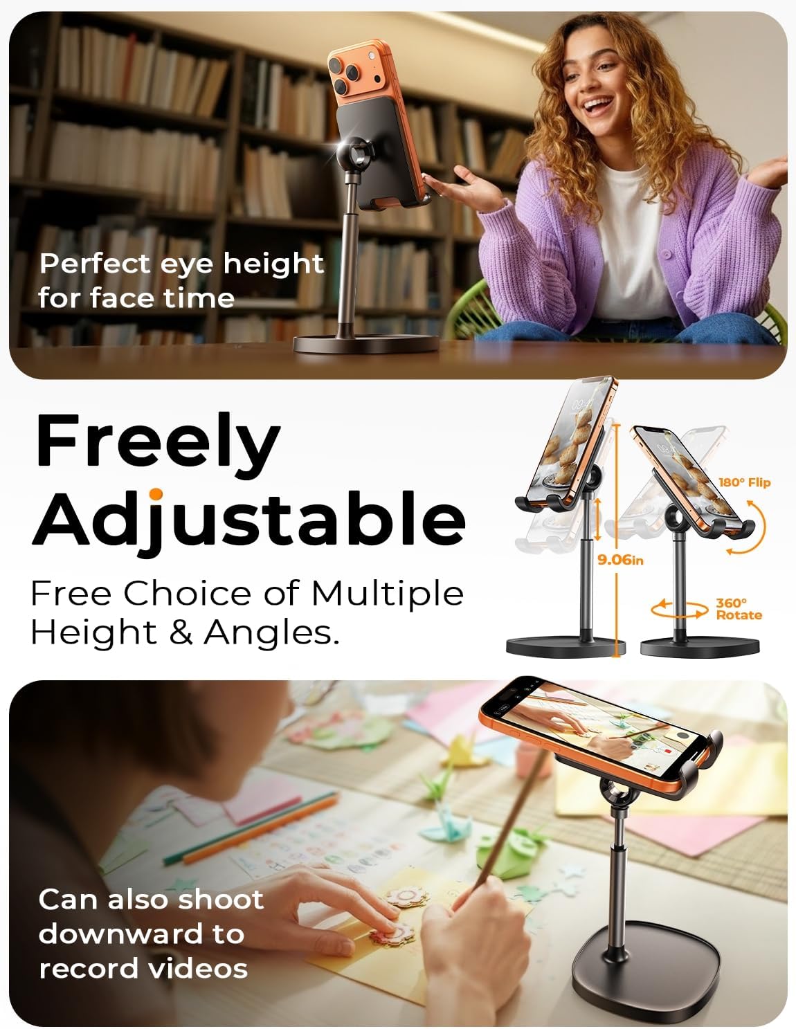 LISEN Cell Phone Stand Adjust for iPhone Phone Holder for Desk Recording, Gifts Women Office Desk Accessories PC Gaming Essentials Kitchen Gadgets Fit OtterBox Case Switch iPad Air Tablet 4-10 in