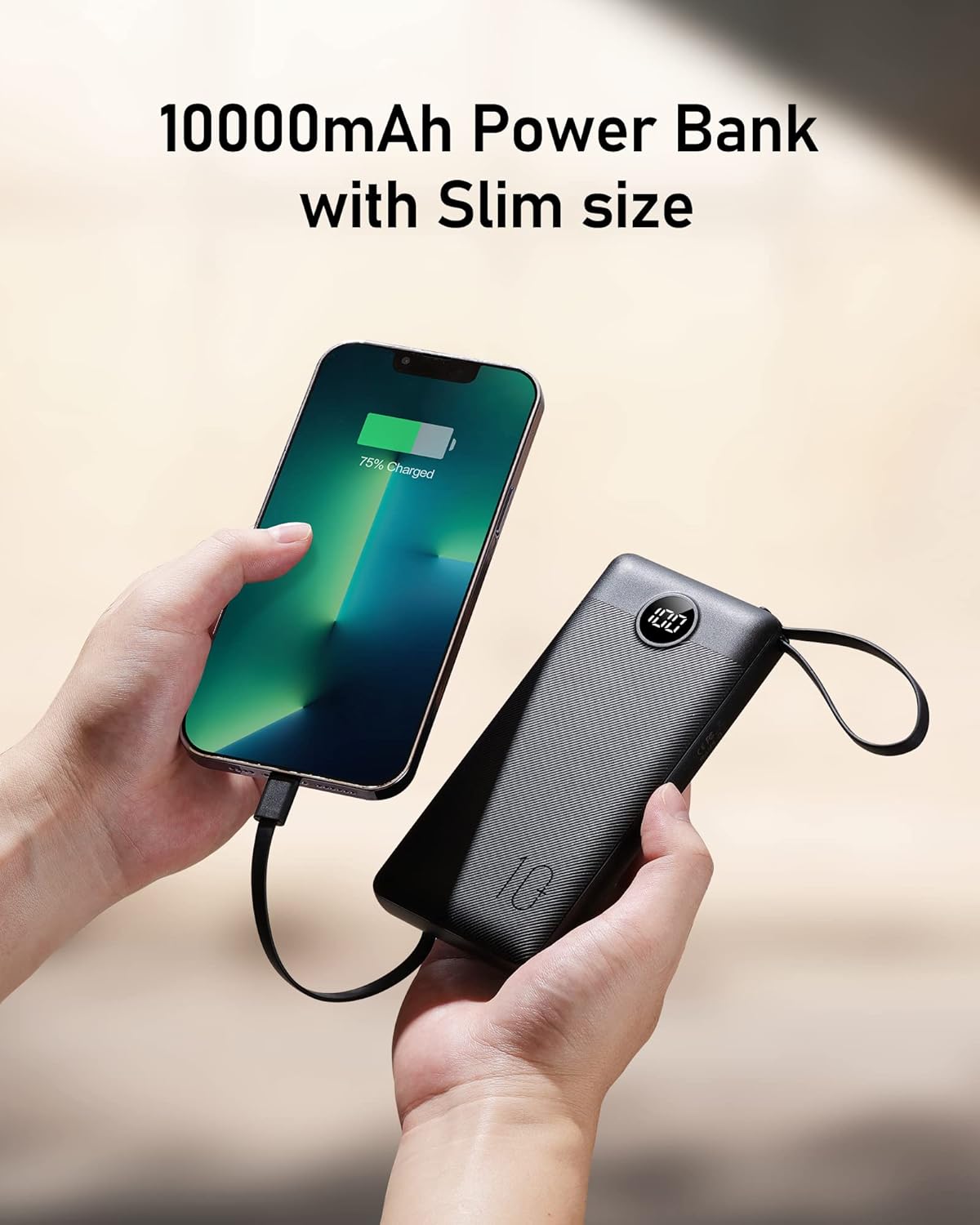 VEEKTOMX 10000mAh Portable Charger with 4 Built-in Cables | Slim Power Bank, USB-C Battery Pack with iPhone & Micro USB, TSA Approved Travel Charger for iPhone, Samsung, Android, Black