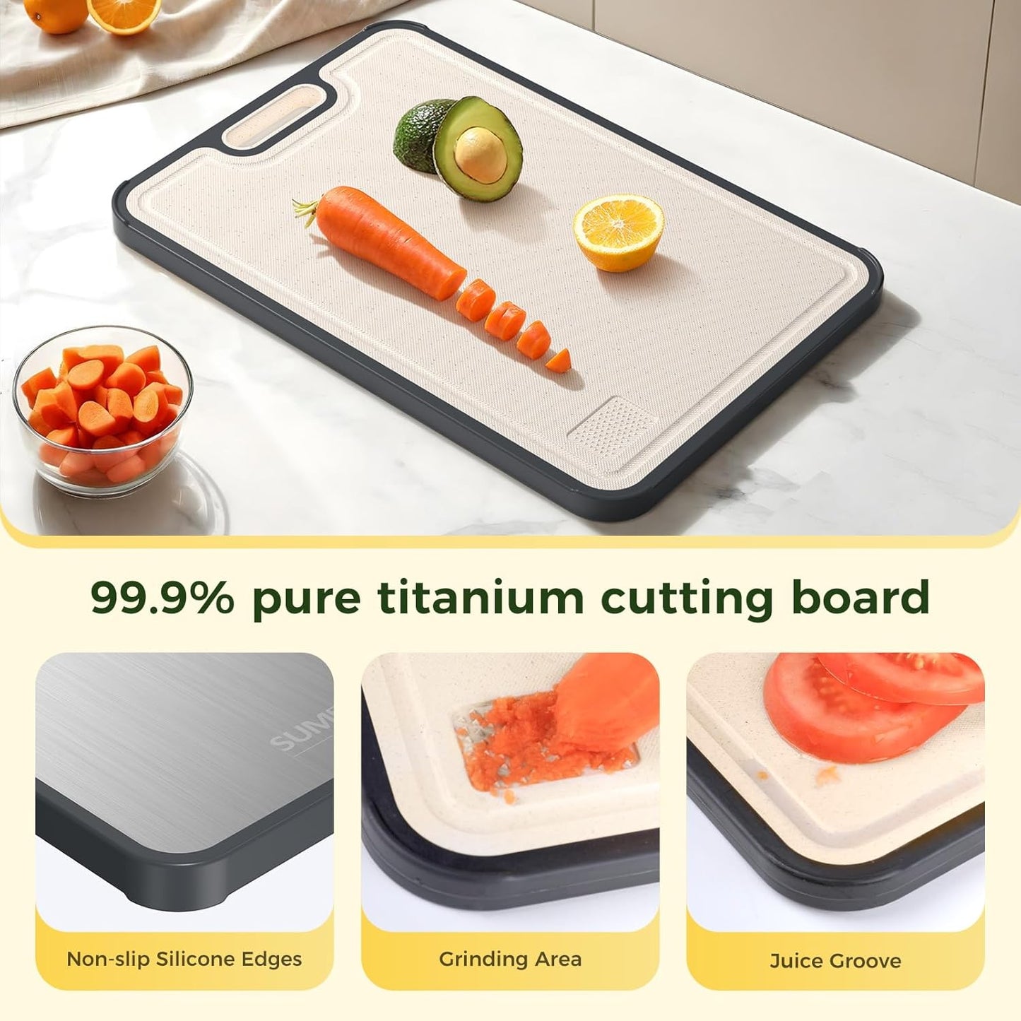 Titanium Cutting Board for Kitchen, Cutting Board Double Sided Food Grade, Pure Titanium/PP, Easy to Clean Large Size 16”×11”