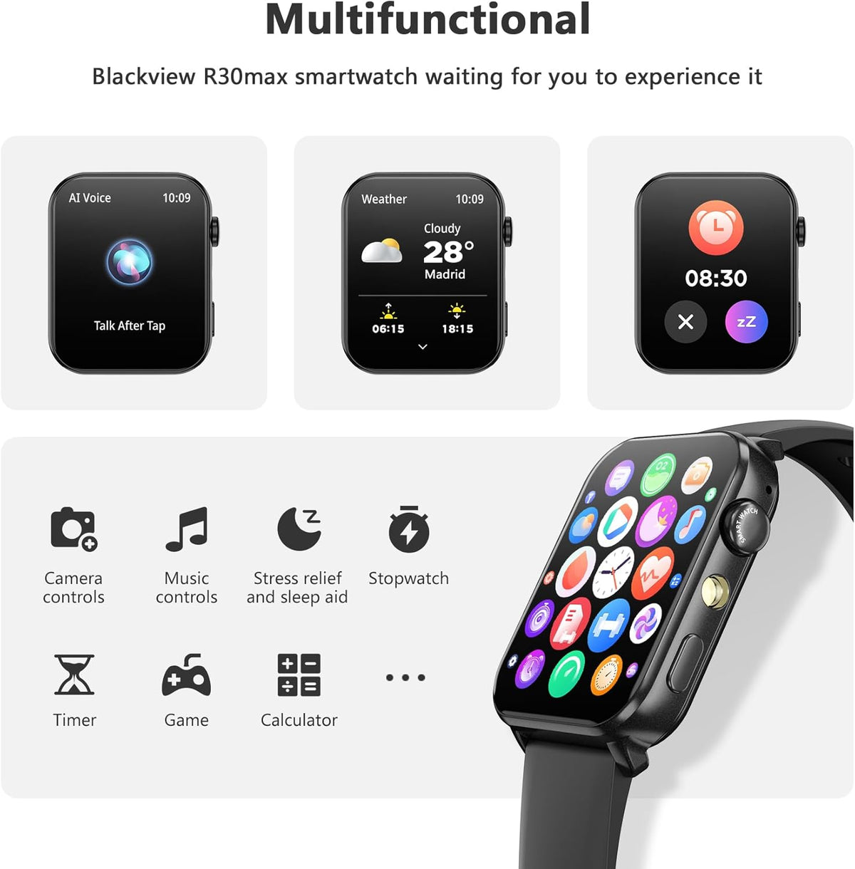 Blackview Smart Watch for Men Women,1.91" HD Touchscreen Fitness Watch with Flashlight, Bluetooth Notifications/Make Calls, Heart Rate/Sleep Monitor/2 Straps, Fitness Watch for Android/iPhone