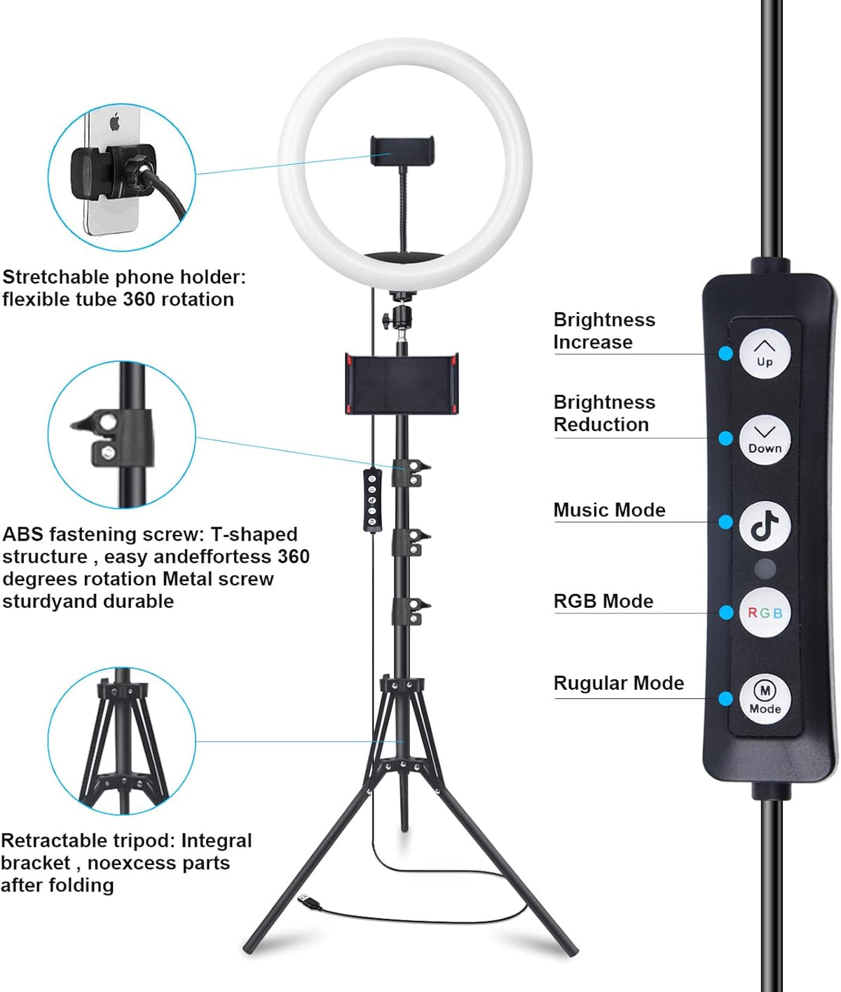 10" Selfie Ring Light with 73" Tripod Stand & 1 Phone Holder, LED Camera Ringlight with 48 RGB Colors Modes & Musical Rhythm Mode and 12 Brightness Dimmable for TikTok/Makeup/Photography/Vlog