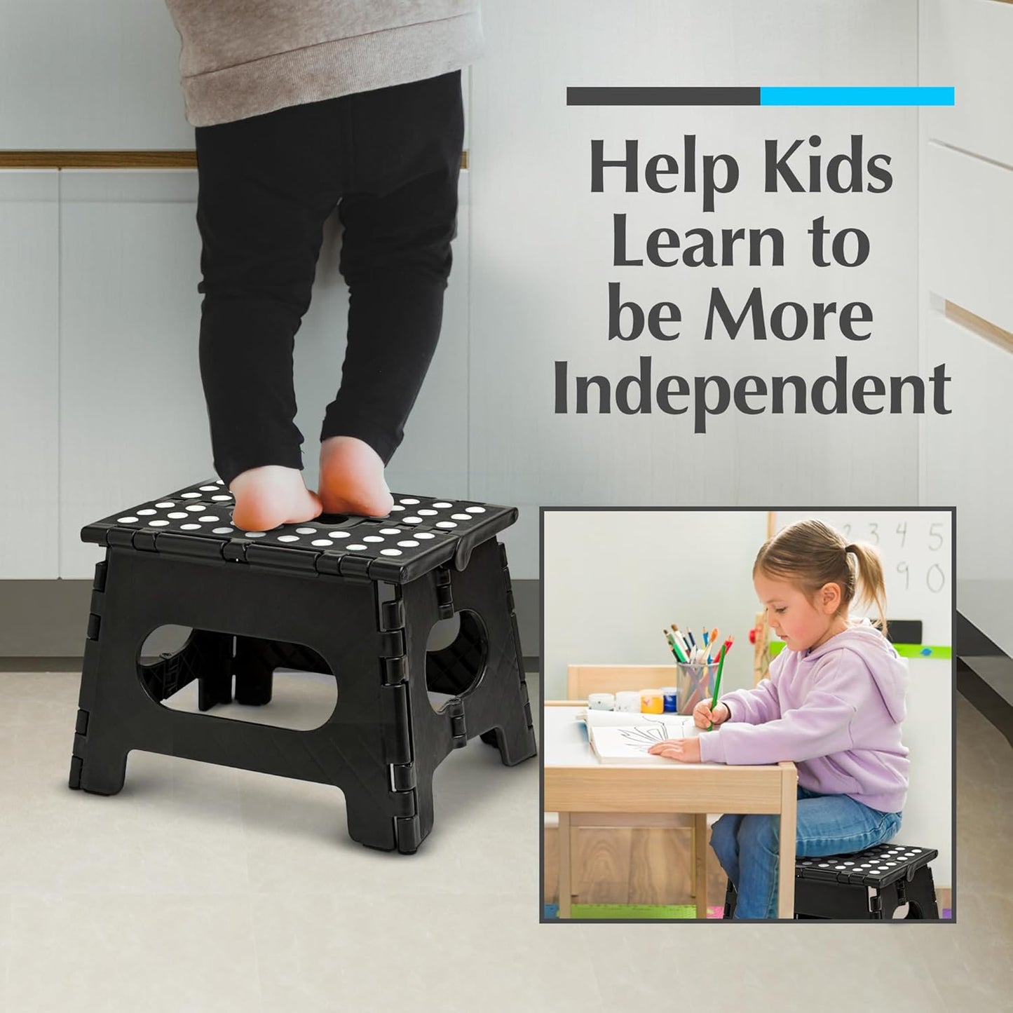 Handy Laundry Folding Step Stool - Sturdy Enough Collapsible Stool to Support Adults and Safe Enough for Kids - Opens Easy with One Flip - Great for Kitchen, Bathroom or Bedroom (Black - 9 Inch)