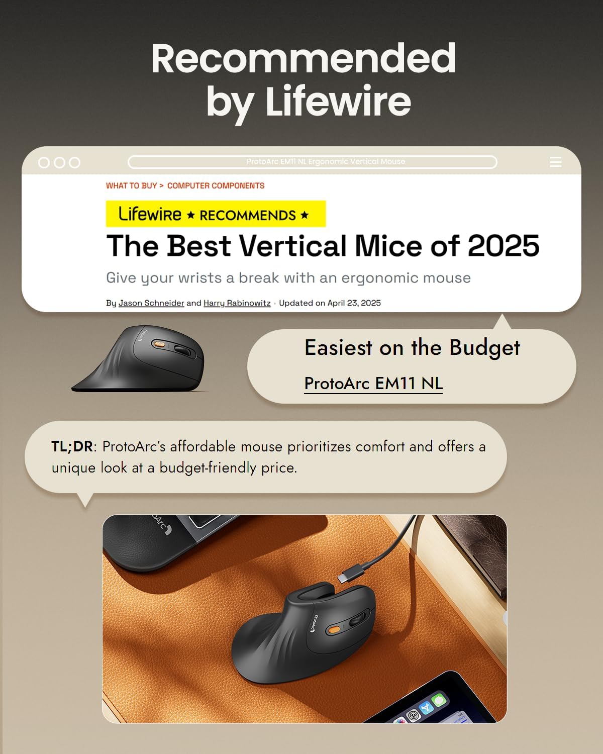 ProtoArc Ergonomic Mouse, EM11 NL Bluetooth Rechargeable Wireless Vertical Mouse, 3 Multi-Device Connectivity for Computer/PC/Laptop, 2.4GHz Optical Mice for Windows, Mac OS, Black
