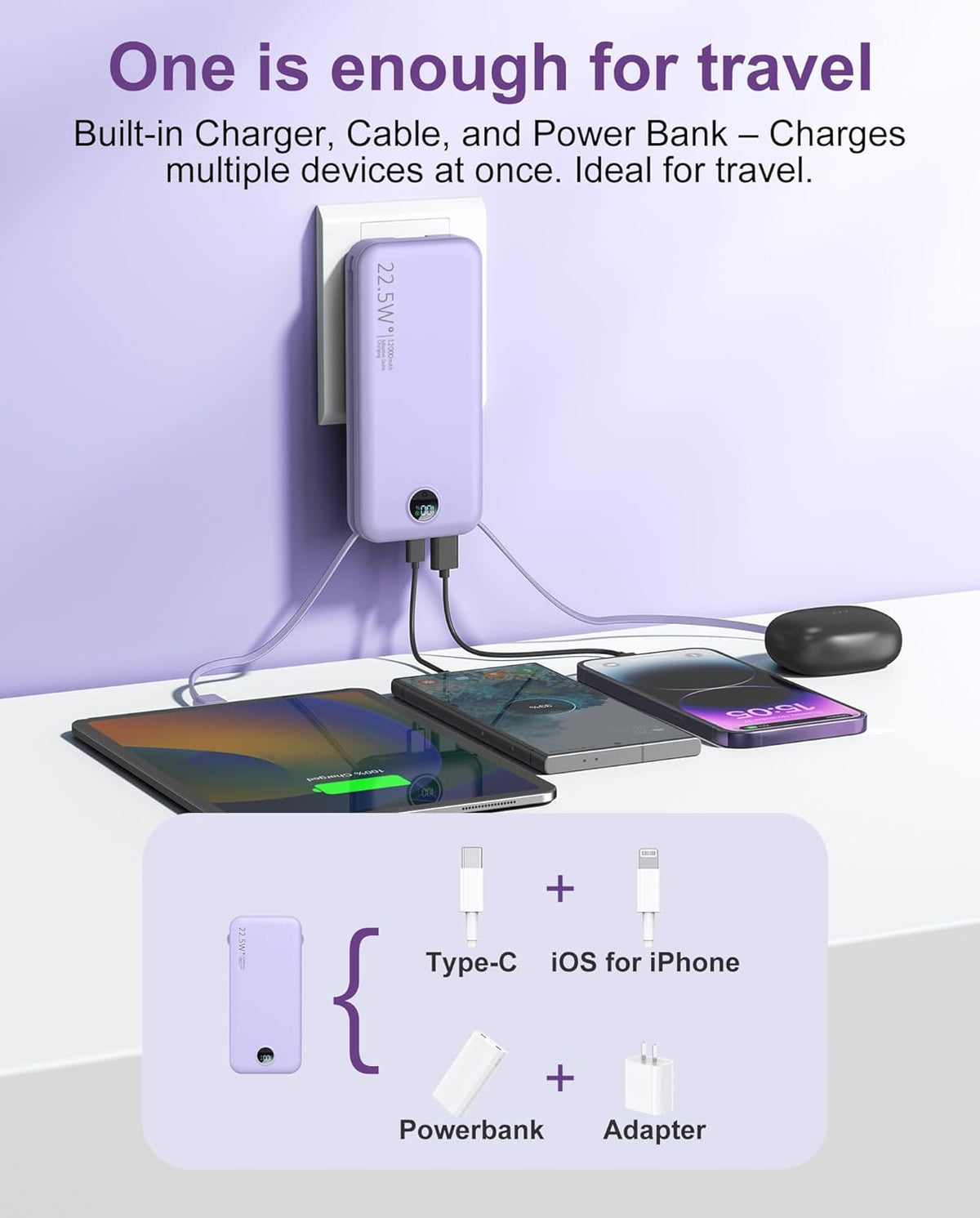 Portable Charger 10000mAh PD20W w/Built-in Cables & Wall Plug Purple