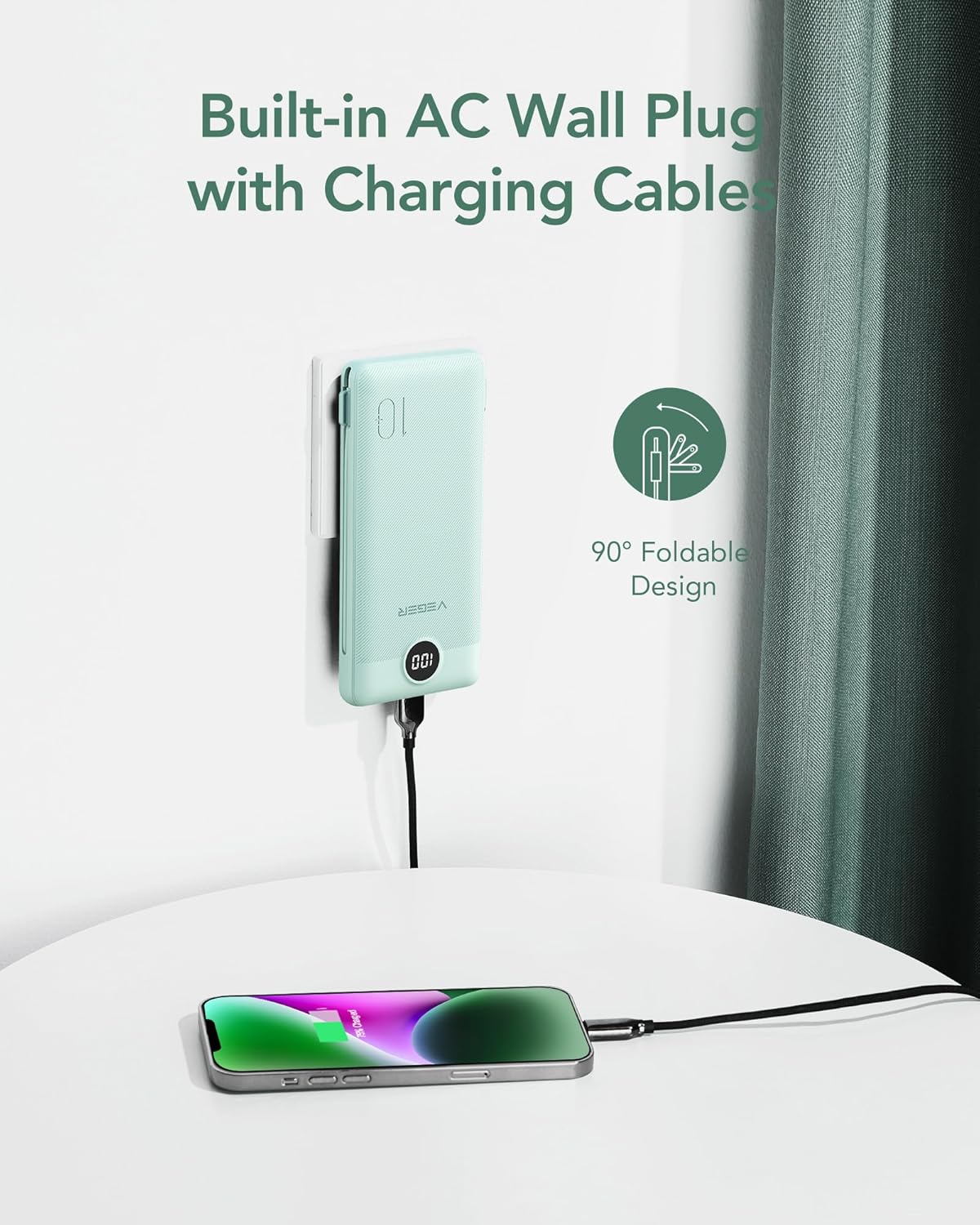 VEGER Portable Charger, Ultra Slim Power Bank Built in Wall Plug and Cables | 10000mAh All in One USB C External Battery Pack, Travel Essentials, Compatible with iPhone, iPad, Samsung, Android, Green