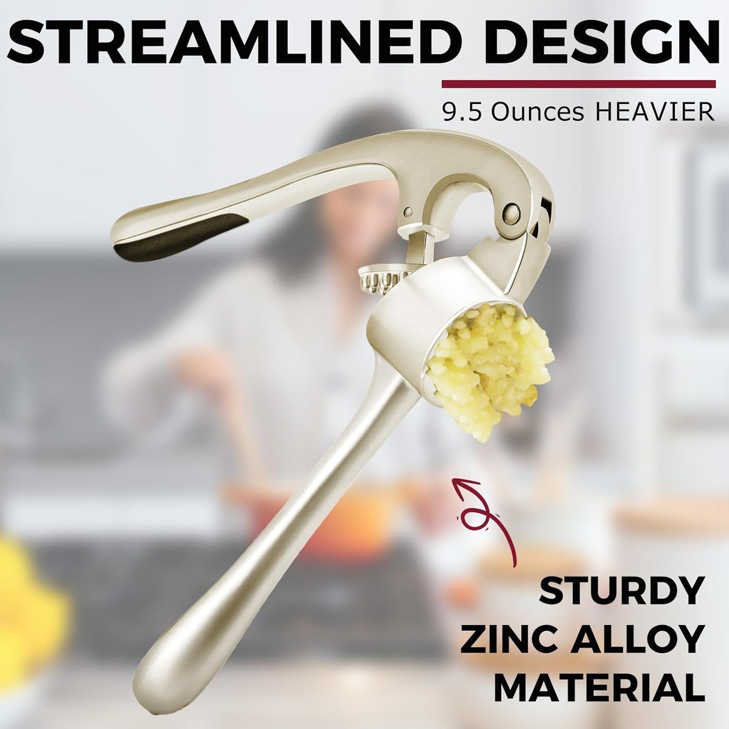Kitessensu High Effective Garlic Press With Studs, Heavy Duty Garlic Mincer, Easy to Squeeze and Clean, Rust Proof & Dishwasher Safe, Ginger Crusher- Imperial Silver