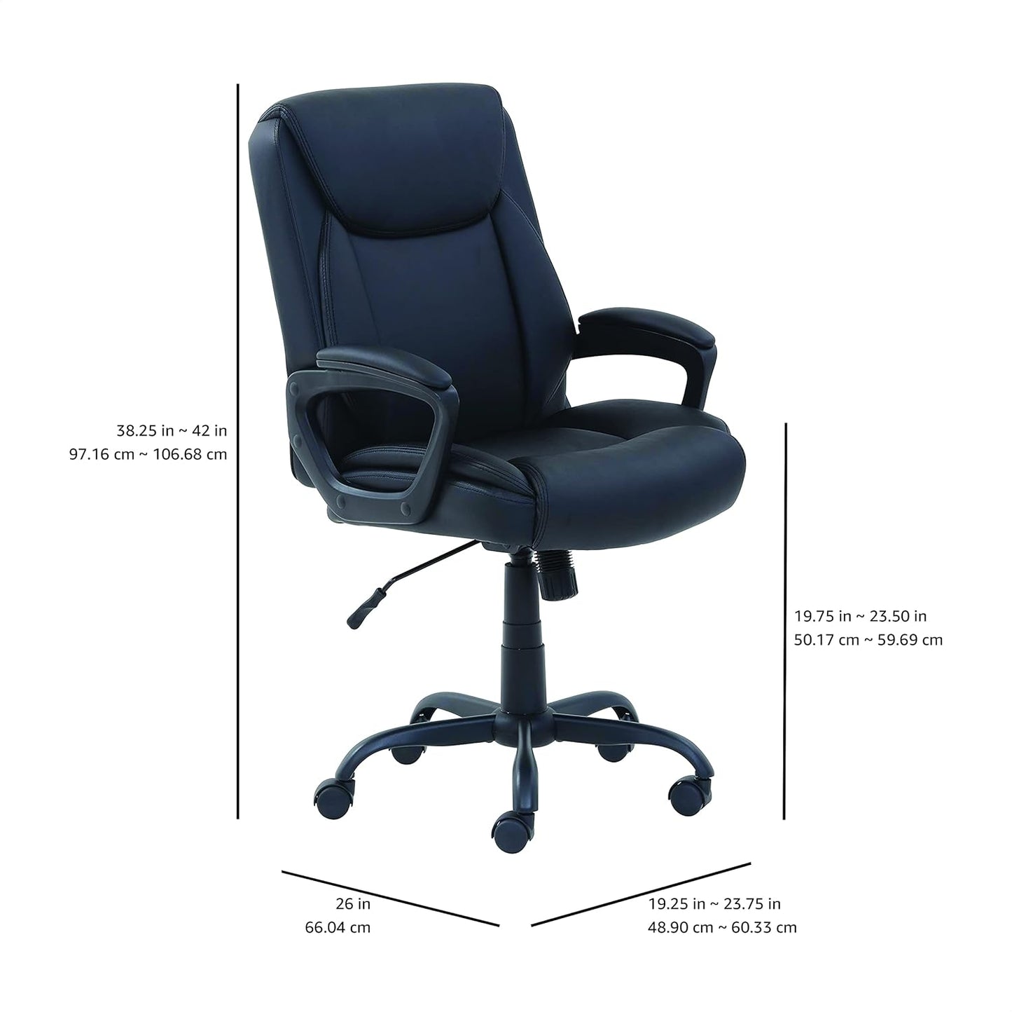 Puresoft PU Padded Mid-Back Height Adjustable Office Computer Desk Chair with Armrest, 26"D x 23.75"W x 42"H, Black