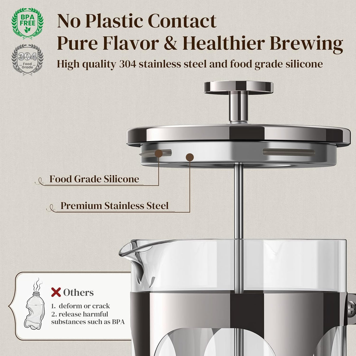Veken French Press Coffee Maker 34oz,No Plastic Touching Cafe,Thickened Borosilicate Glass Stainless Steel Brewer,Cold Brew Cafetera Teapot for Kitchen Travel Camping,Gifts,Bar Accessories,Dark Pewter