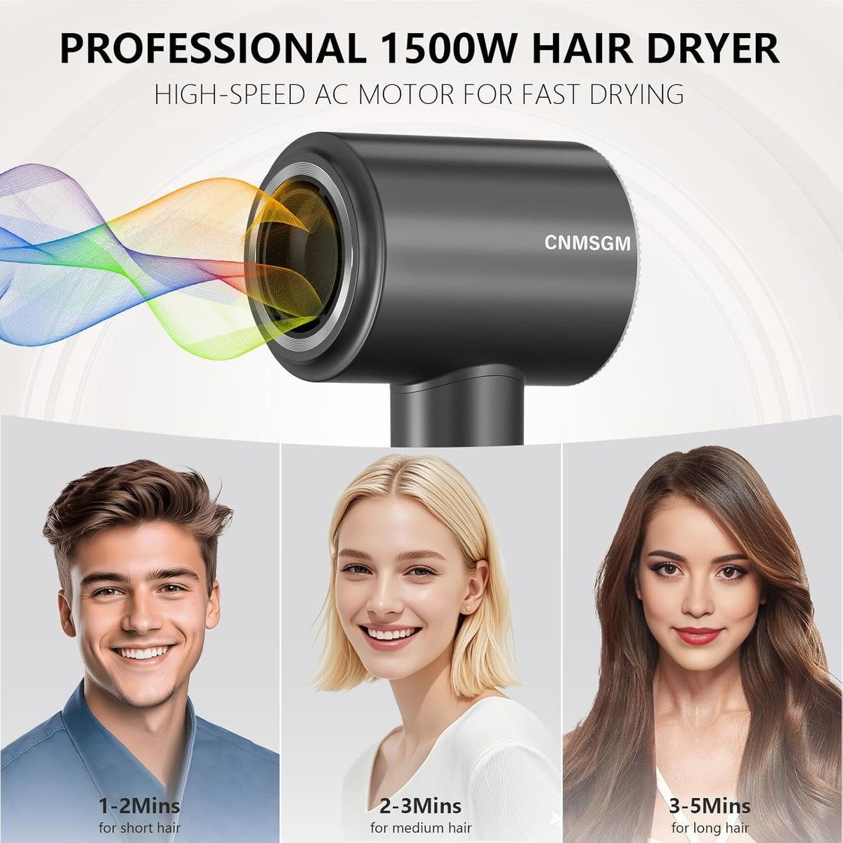 Hair Dryer, High Speed Ionic Blow Dryer, 5X-Fast Drying, 2 Billion Negative Ions, Low Noise,160000 RPM, Compact Blow Dryer with Magnetic Diffuser for Faster Drying All Hair Types(Black Gray)