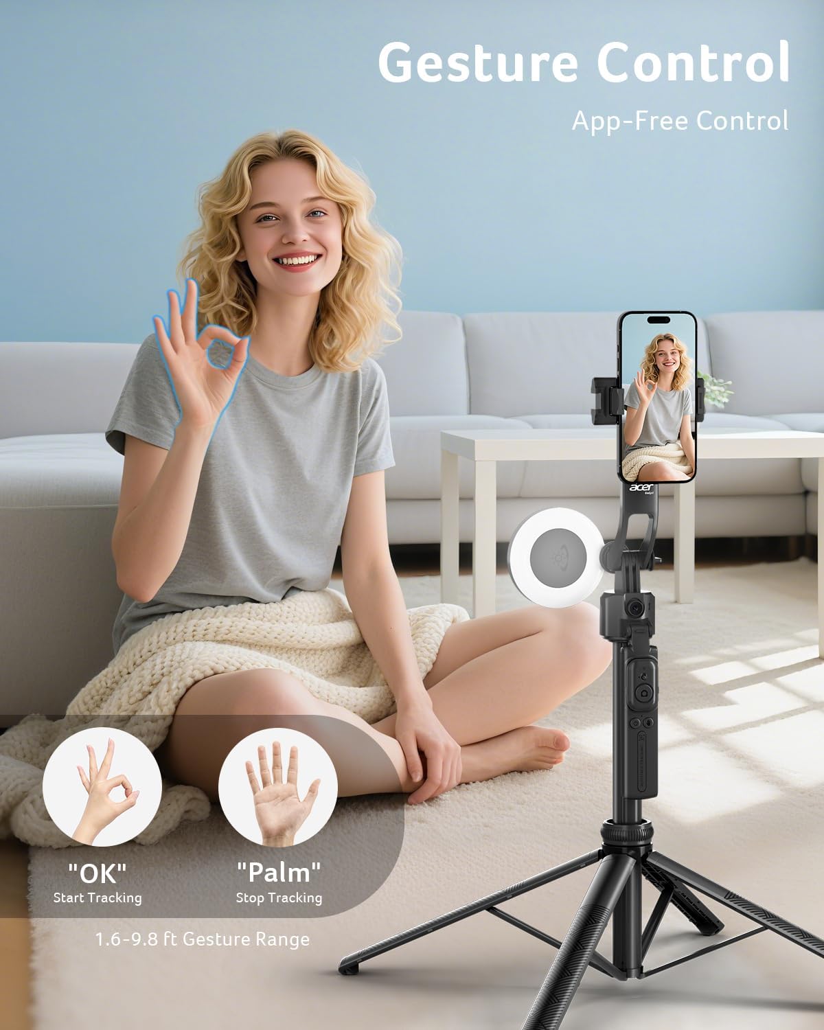 acer Auto Face Tracking Tripod for iPhone/Cell Phone/Android/Camera with Light and Remote, 64", No App, 360°Rotating Tripod Selfie Stick for Tiktok YouTube Vlog Live Streaming Video Recording