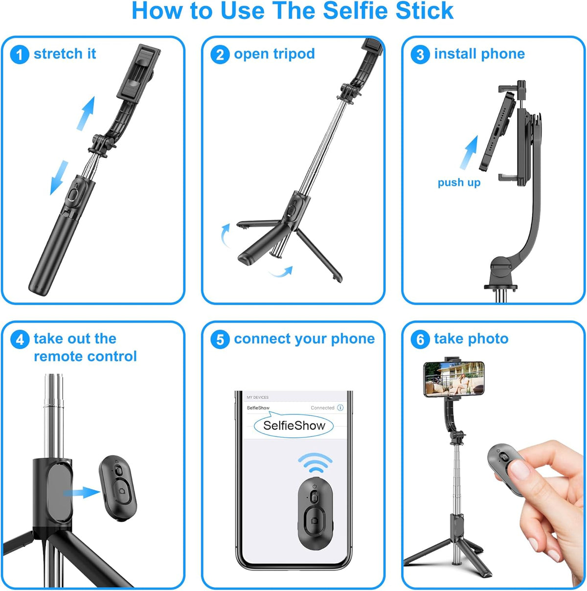 SelfieShow Extendable Selfie Stick Tripod – Wireless Remote, Portable & Lightweight for iPhone & Samsung