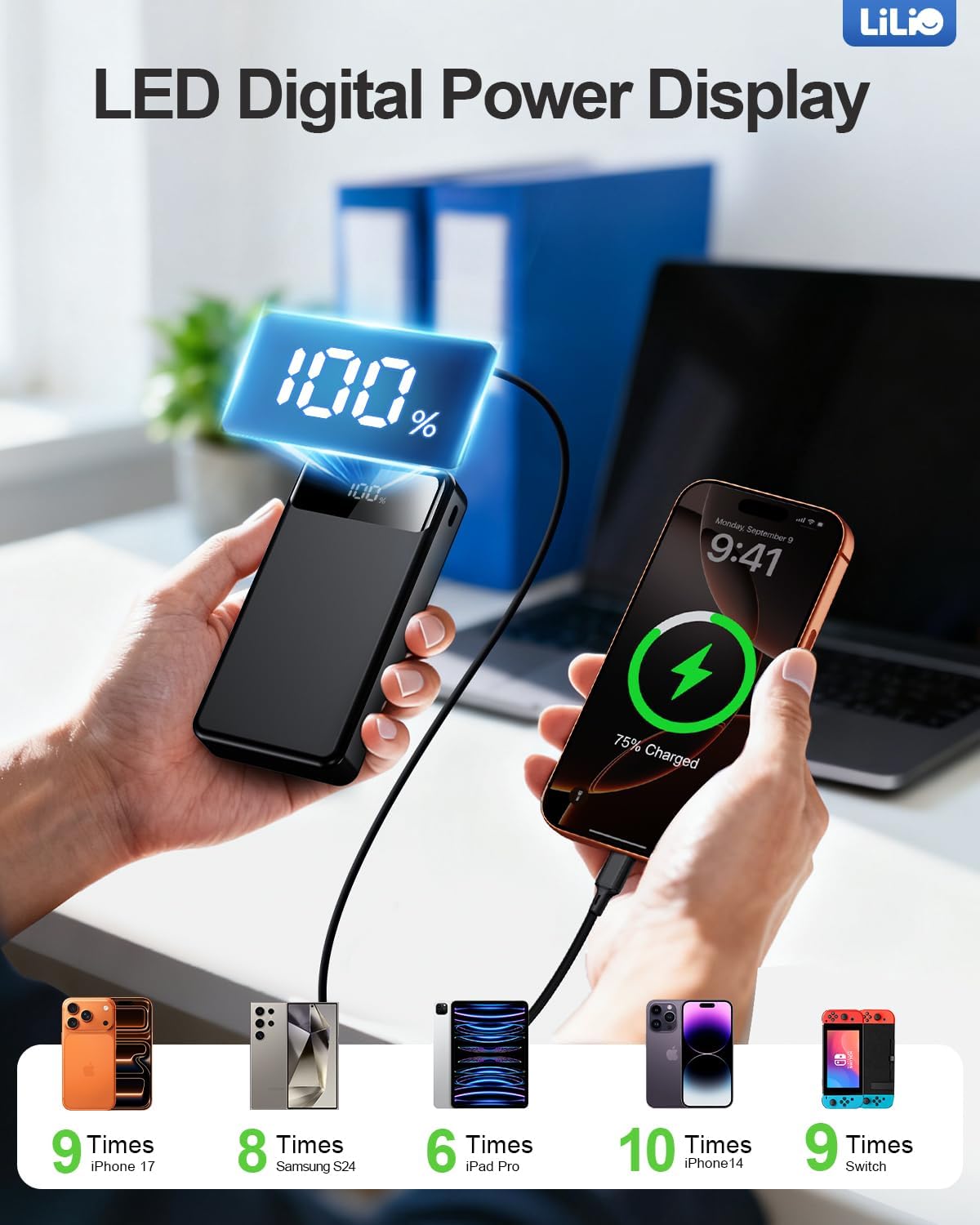 LILIO Portable Charger Power Bank,60,000mAh Battery Pack, 22.5W Power Bank Fast Charging with USB Cable, Phone Charger for iPhone 17/16/15/14/13 All Series/Samsung/Android, Camping Essentials, Black