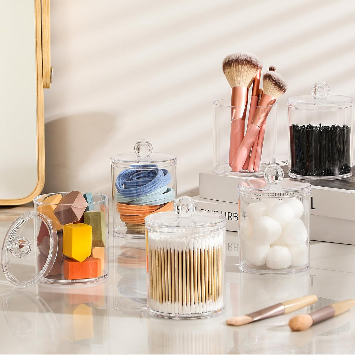 Clear Acrylic Qtip Holder Dispenser Set 4-Pack – Bathroom Vanity Storage Jars for Cotton Balls, Swabs, Pads, Floss Picks (10oz & 12oz)