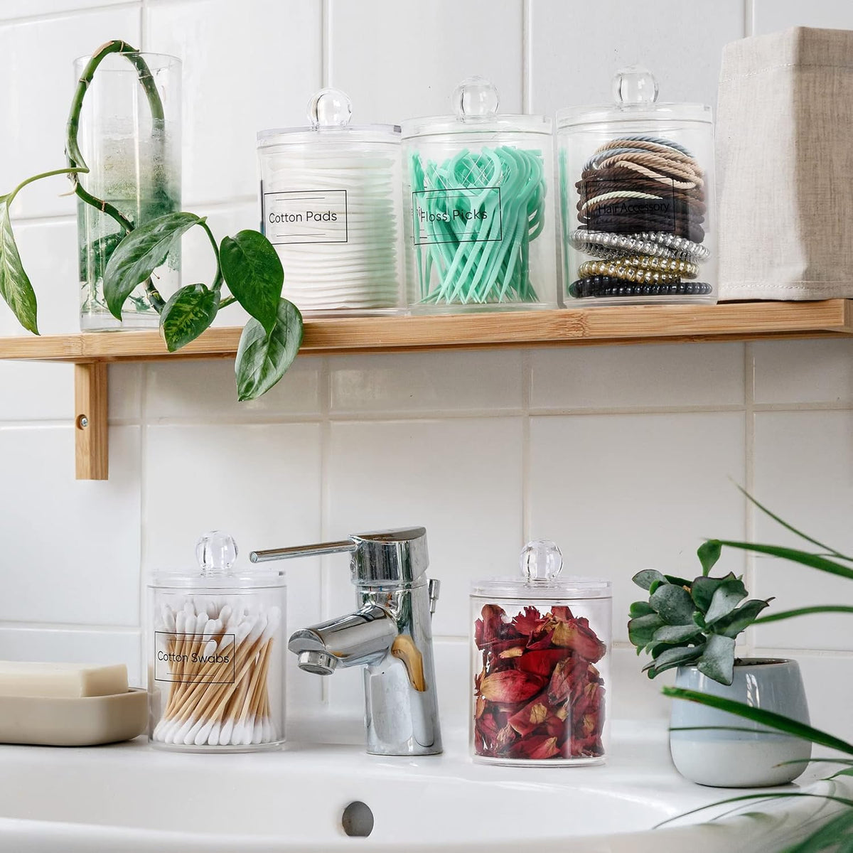 Clear Acrylic Qtip Holder Dispenser Set 4-Pack – Bathroom Vanity Storage Jars for Cotton Balls, Swabs, Pads, Floss Picks (10oz & 12oz)