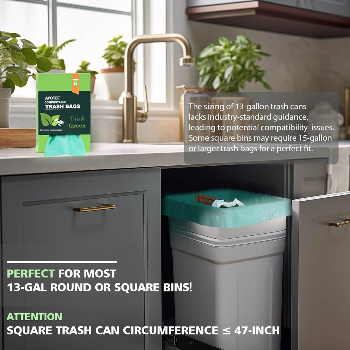Compostable Trash Garbage bags,AYOTEE 13-15 Gallon Tall Kitchen Trash Bags,Heavy Duty Unscented 1.18Mils 55 Liter,60 Count,Strong Thicken Rubbish Waste Can Liners for Kitchen Garden Home