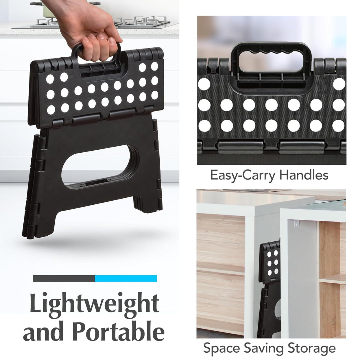 Handy Laundry Folding Step Stool - Sturdy Enough Collapsible Stool to Support Adults and Safe Enough for Kids - Opens Easy with One Flip - Great for Kitchen, Bathroom or Bedroom (Black - 9 Inch)