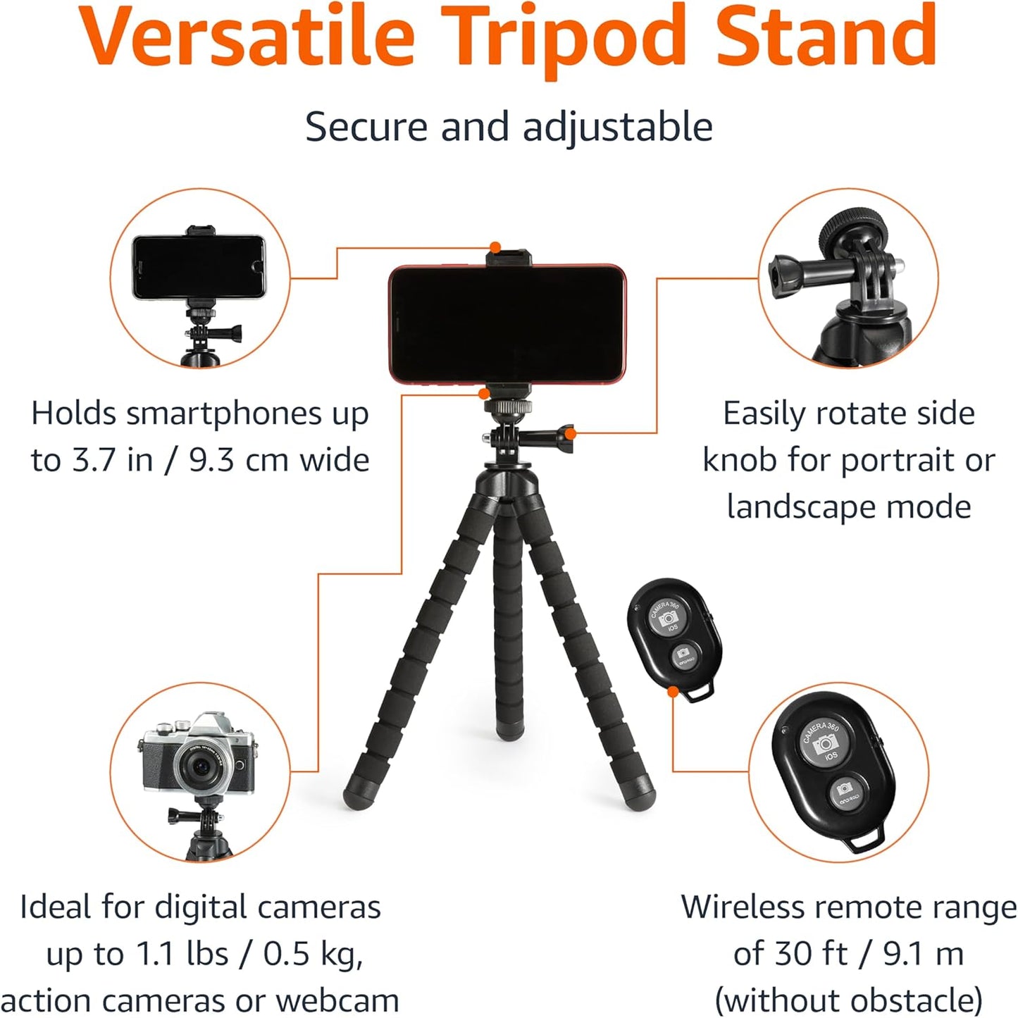 Portable and Flexible Tripod with Wireless Remote and Smartphone Clamp, 10-inch long, Black