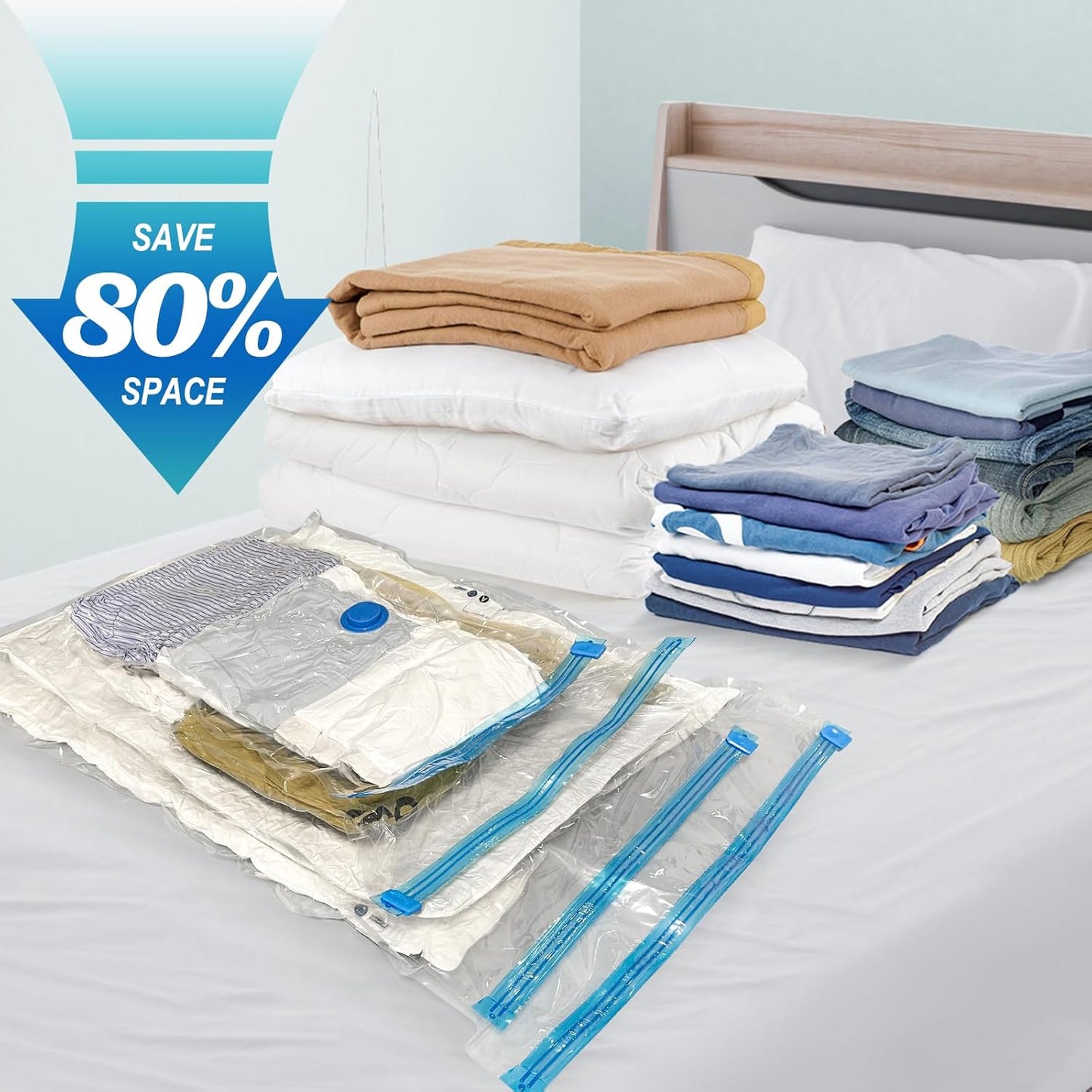 16 Combo Vacuum Storage Bags with Hand Pump, 4 Jumbo + 4 Large + 4 Medium + 4 Small Plastic Packaging Bags, 80% Space Saver Vacuum Seal Bags for Clothing, Travel Lugggage, Blankets, Comforters