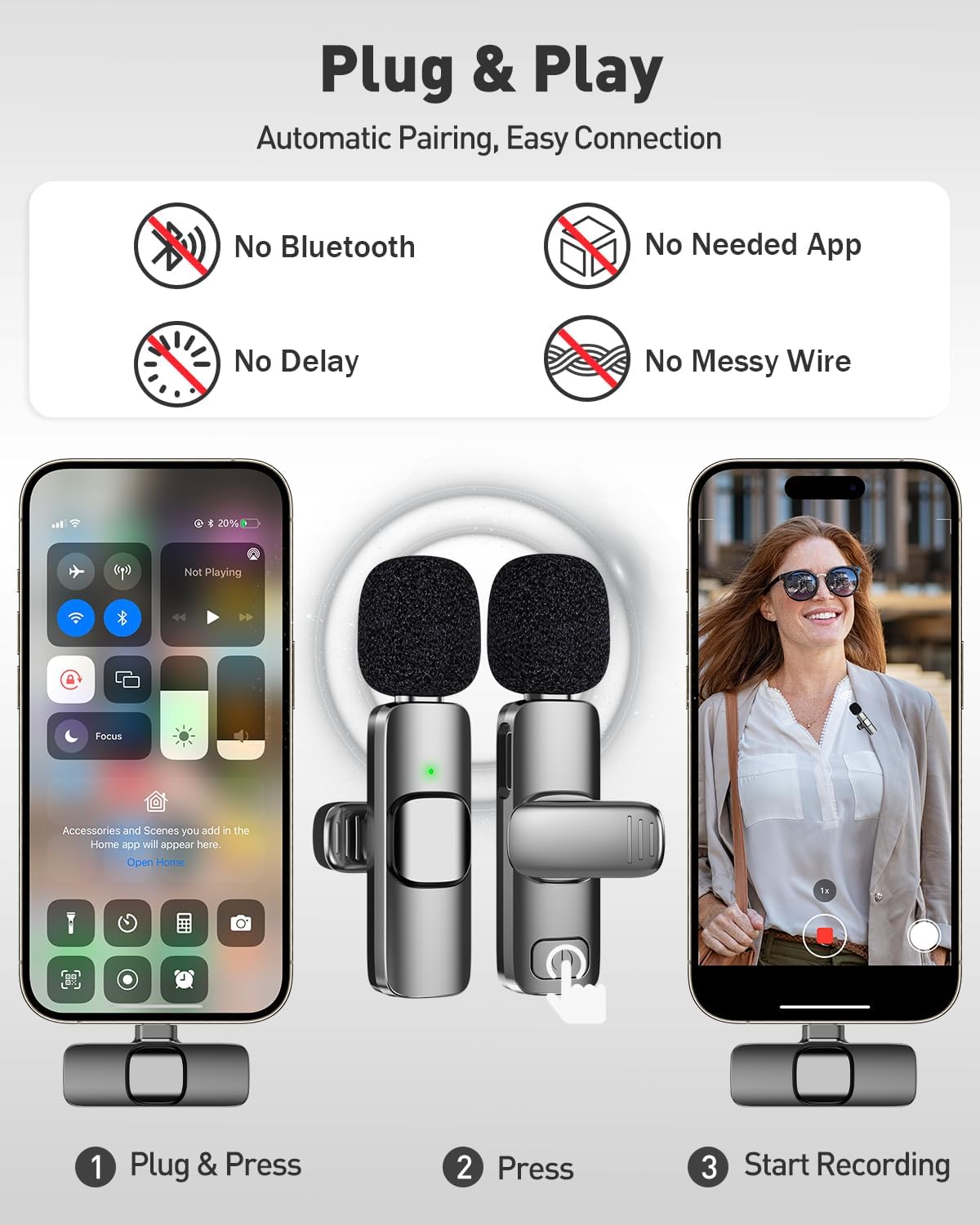 PoP voice USB C Mini Microphone for iPhone 16/15/14/Android, Wireless Lavalier Microphone with Noise Reduction, Lapel Lav Mic for Vlog YouTube TikTok Recording, 12H, 65ft