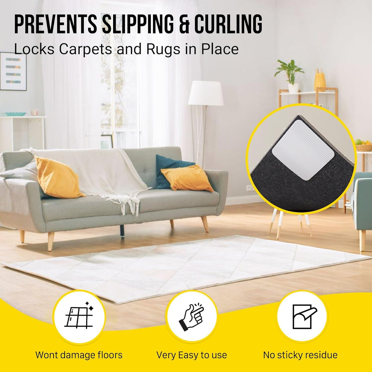 Alien Grip Rug Gripper Carpet Tape - 12pcs, 4x4 in. Anti-Slip Hardwood, Tile Floor, No Damage - Double Sided Reusable, Non Slip Corner Rug Pads - As Seen on TV