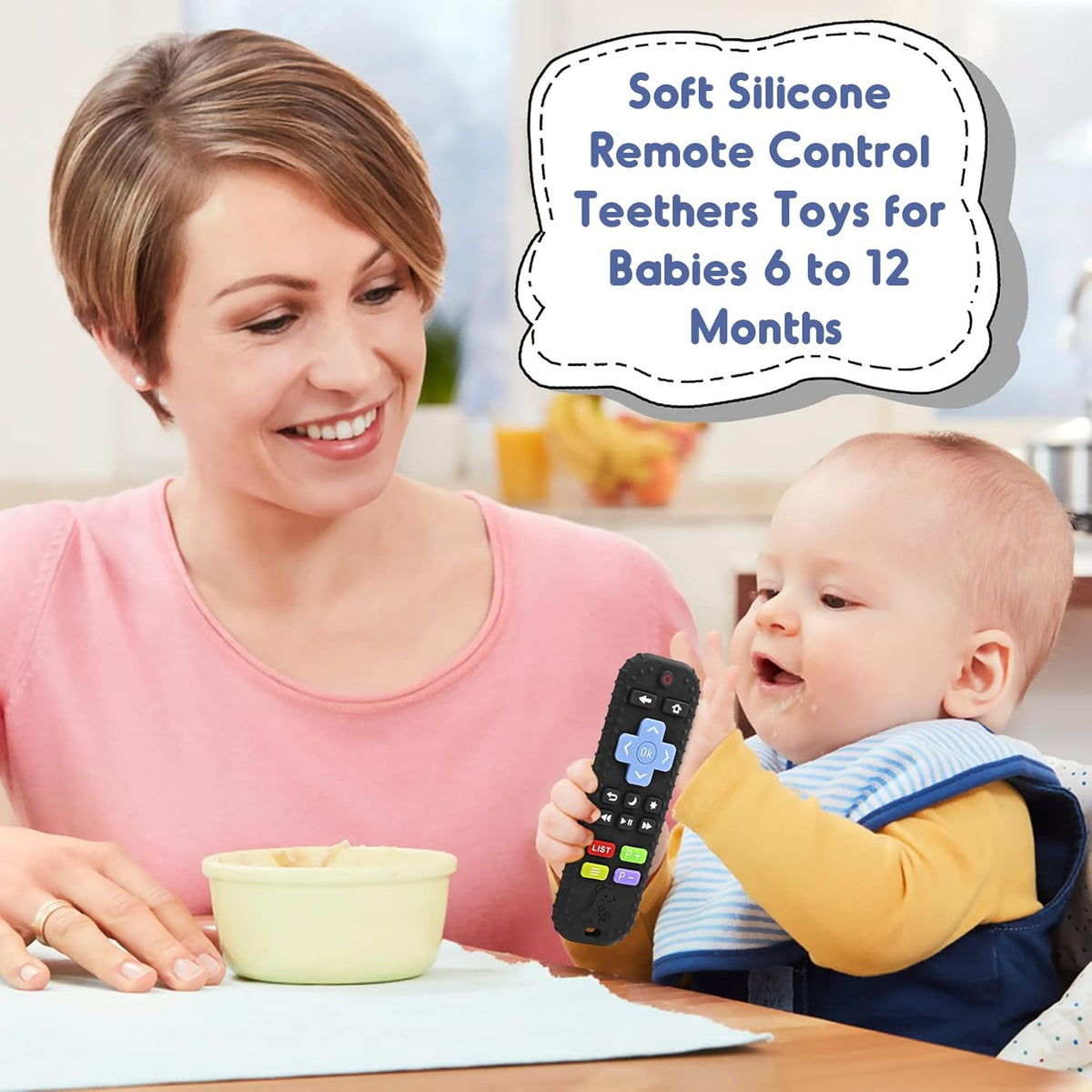 Teething Relief Teethers Toys for Babies 3-6-12 Months Gifts, Food Grade Silicone Sensory Baby Remote Control Teether Bath Toy for Newborn Infant Boy Girl Autism Birthday Gift, Black