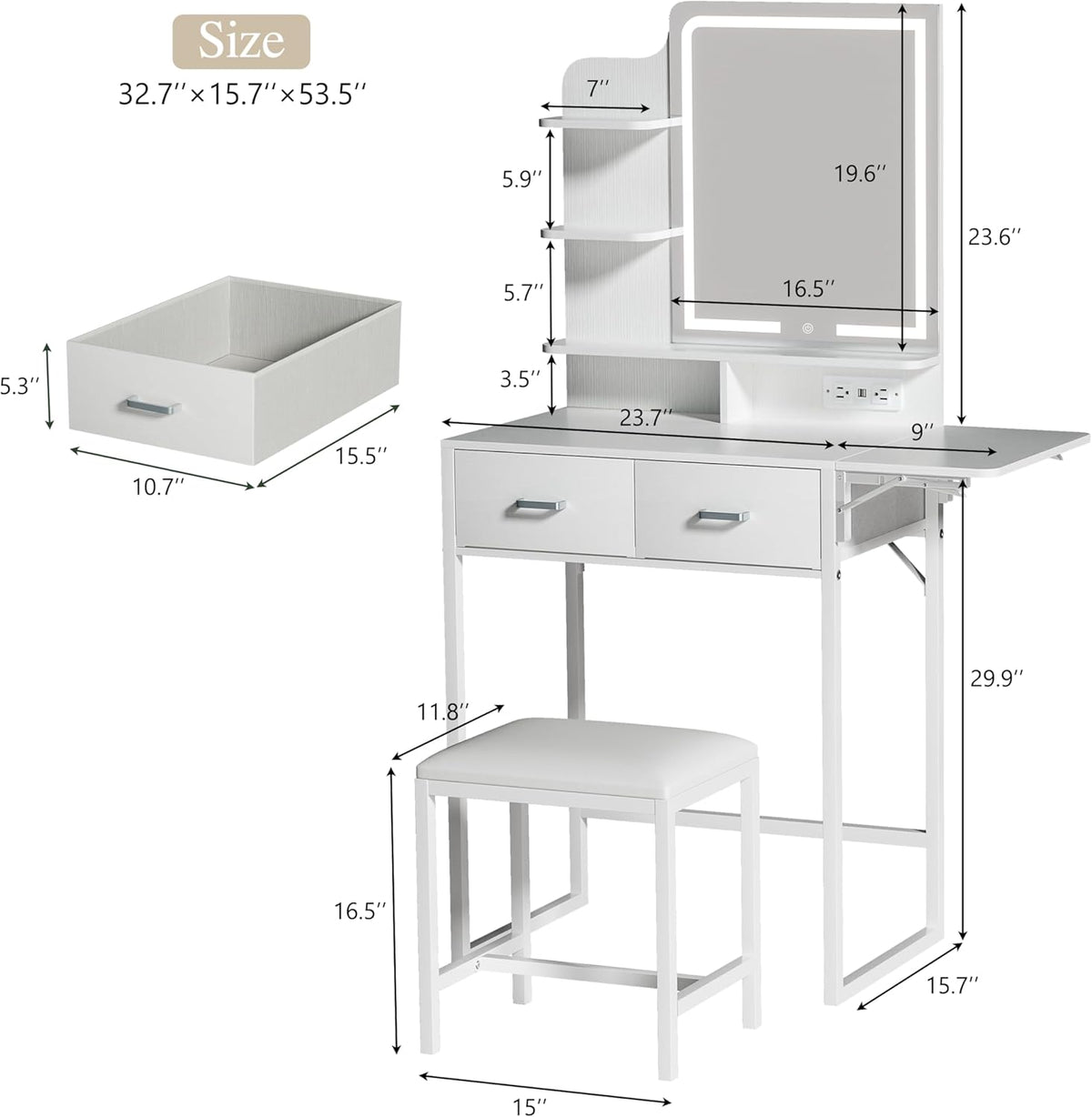 Makeup Vanity Desk with Mirror and Lights, Small Vanity with Fabric Storage Drawer & Chair & Shelves, White Vanity with Fold-up Panel and Power Outlet for Bedroom
