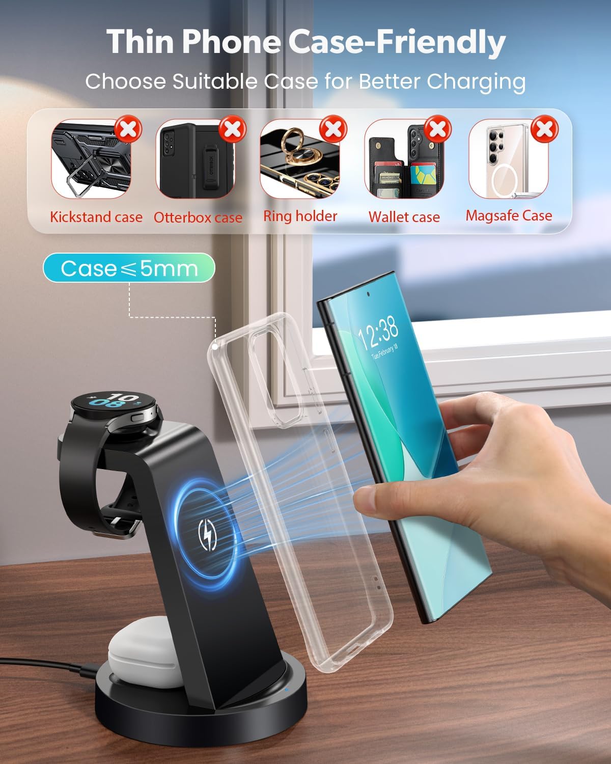 Wireless Charger for Samsung: 3 in 1 Wireless Charging Station for Samsung Galaxy Watch 8 7 6 5 4 3 Pro Classic Galaxy Buds - Charger Dock Stand for S25 S24 Ultra S23 S22 S21 Note Z Fold Android