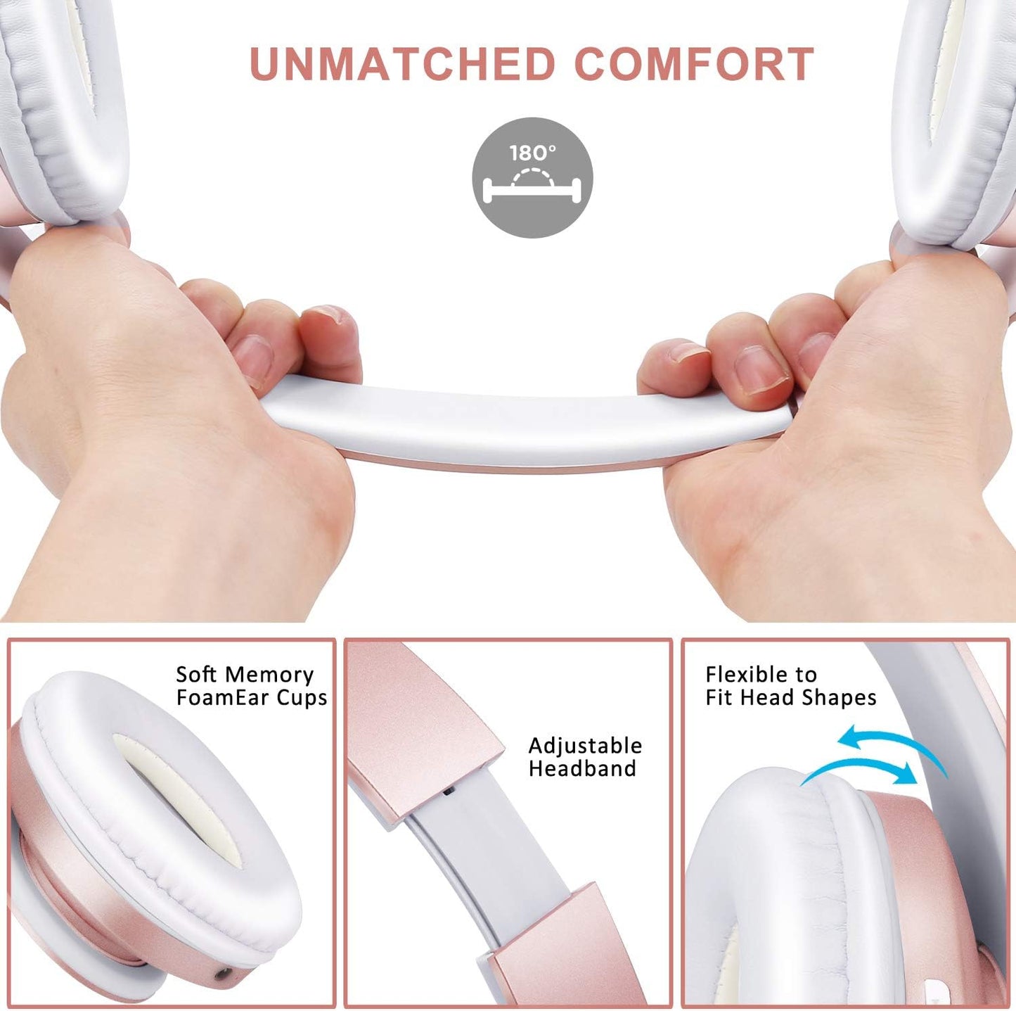 ZIHNIC Bluetooth Headphones Over-Ear – Foldable Wireless & Wired Stereo Headset, FM & Micro SD, Lightweight Rose Gold