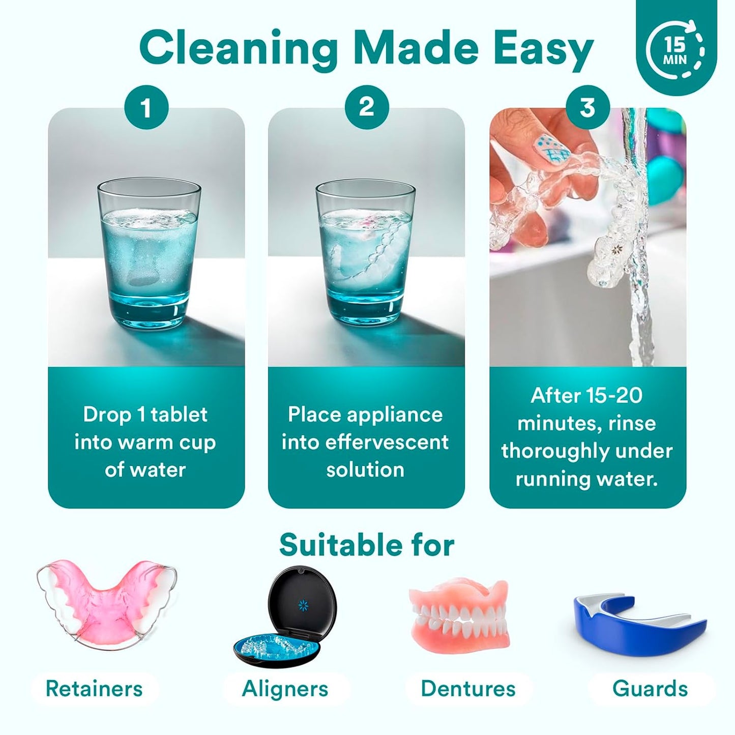 Weiss Naturals Retainer Cleaner Tablets, Invisalign Cleaner, Remove Stains, Odors & Plaque, PERSULFATE FREE Night Guard & Denture Cleaner 1-Month Supply, 30 Mint Scented Tablets