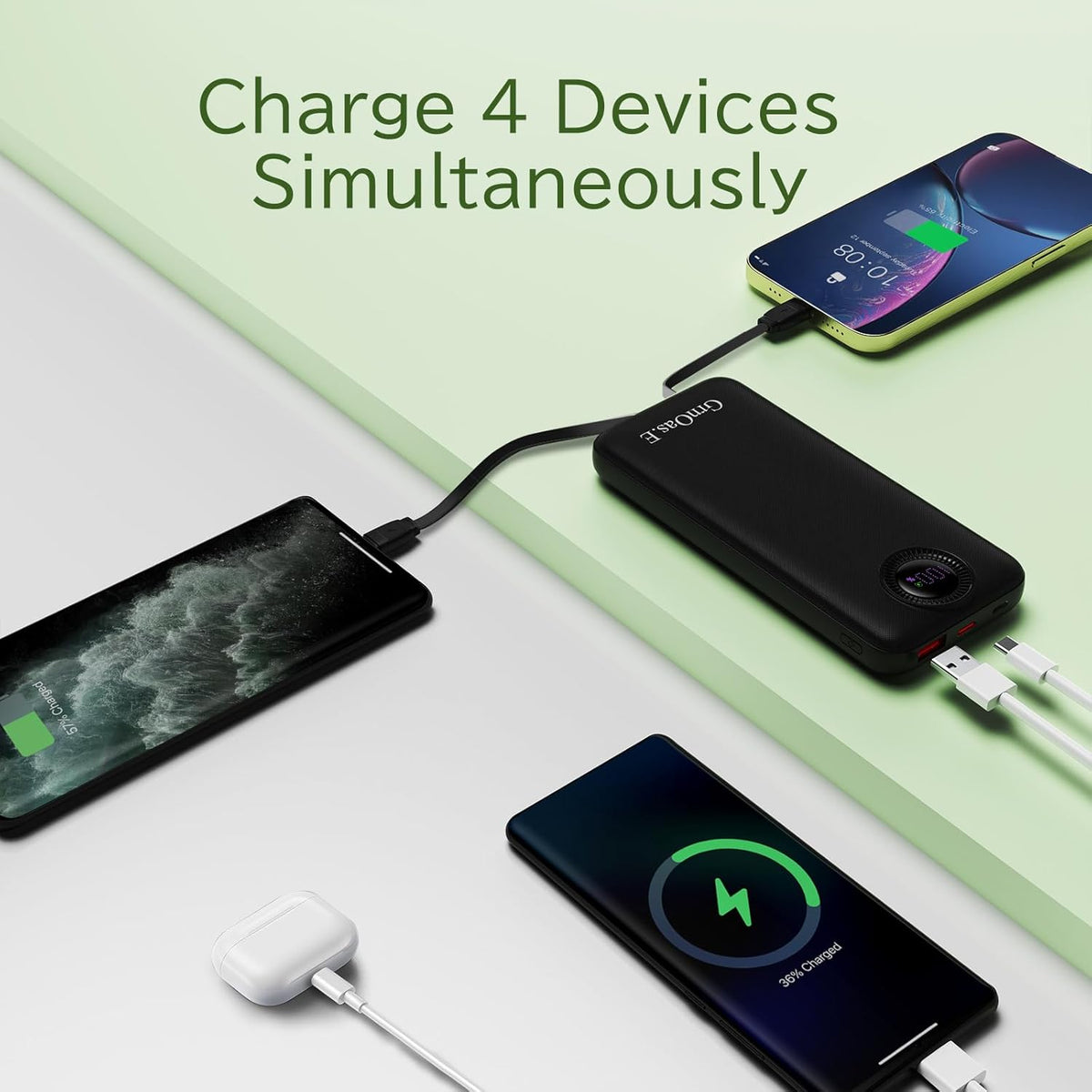 Power Bank,10000mAh 22.5W Max Portable Charger Built in Cables,4 Outputs 2 Inputs External Phone Powerbank,5V/3A Fast Charging Travel Charger for iPhone Android iPad,(Pearl Black)