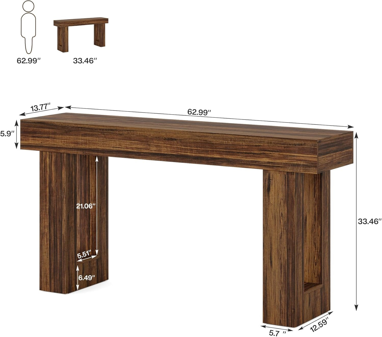 Tribesigns 63-Inch Long Console Table, MDF Wood Grain Rectangular Sofa Table Behind The Couch, Farmhouse Entryway Table for Entrance, Hallway, Living Room (Rustic Brown)