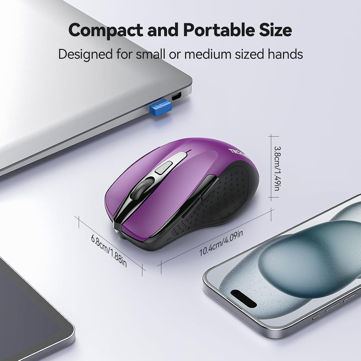 TECKNET Wireless Mouse, 2.4G Ergonomic Optical Mouse, Computer Mouse for Laptop, PC, Computer, Chromebook, Notebook, 6 Buttons, 24 Months Battery Life, 2600 DPI, 5 Adjustment Levels - Purple