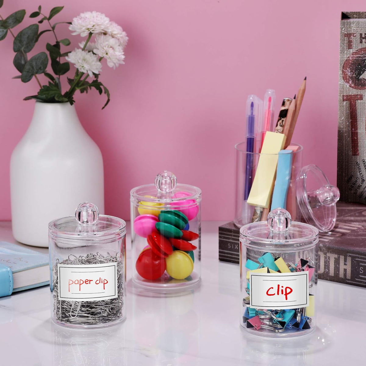 Clear Acrylic Qtip Holder Dispenser Set 4-Pack – Bathroom Vanity Storage Jars for Cotton Balls, Swabs, Pads, Floss Picks (10oz & 12oz)